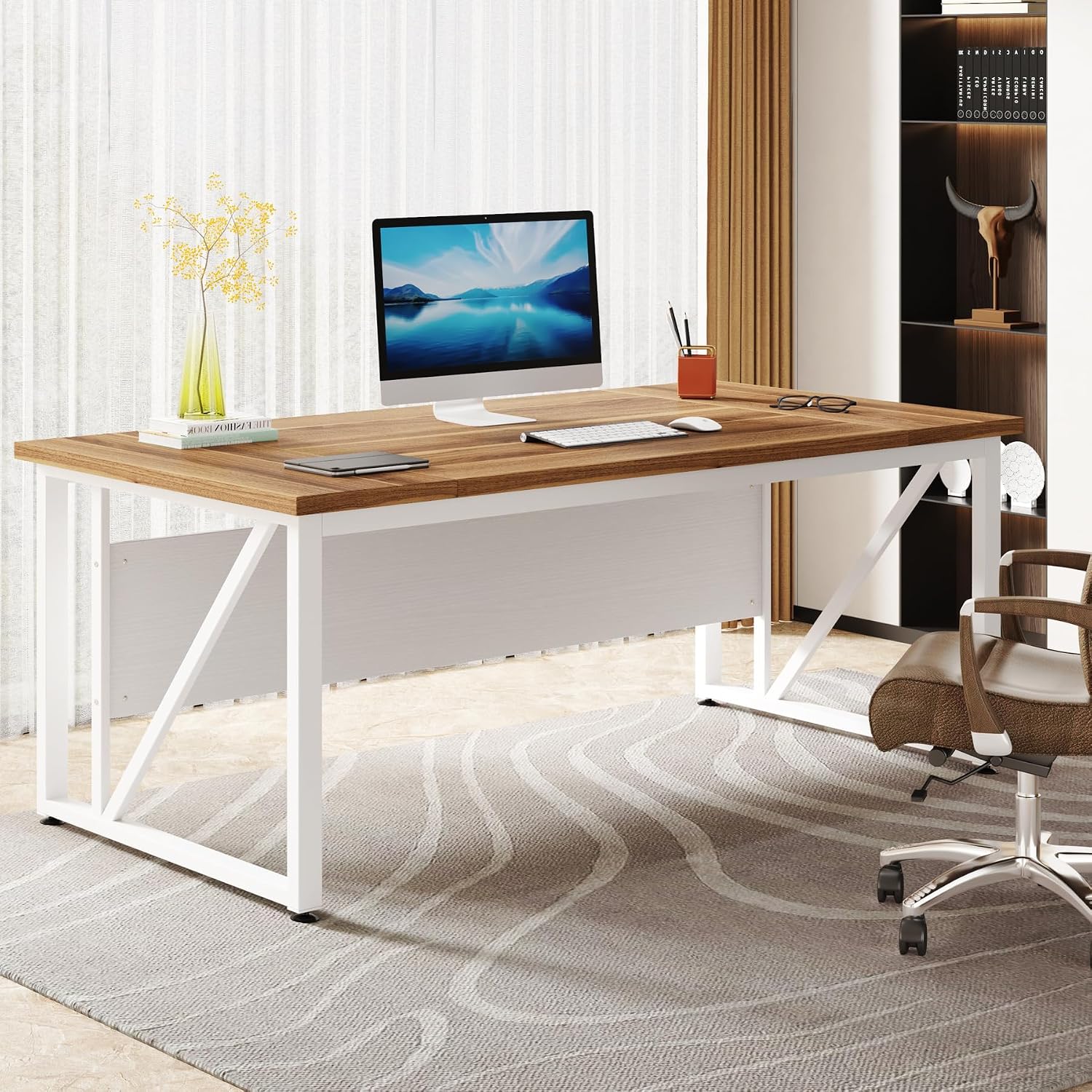 Tribesigns 63 inches Computer Desk with Bottom Storage Shelf Home Office Desk Writing Table for Workstation,Dark Walnut + Steel Leg， Cabinet not Included (Beige, 63-inch)