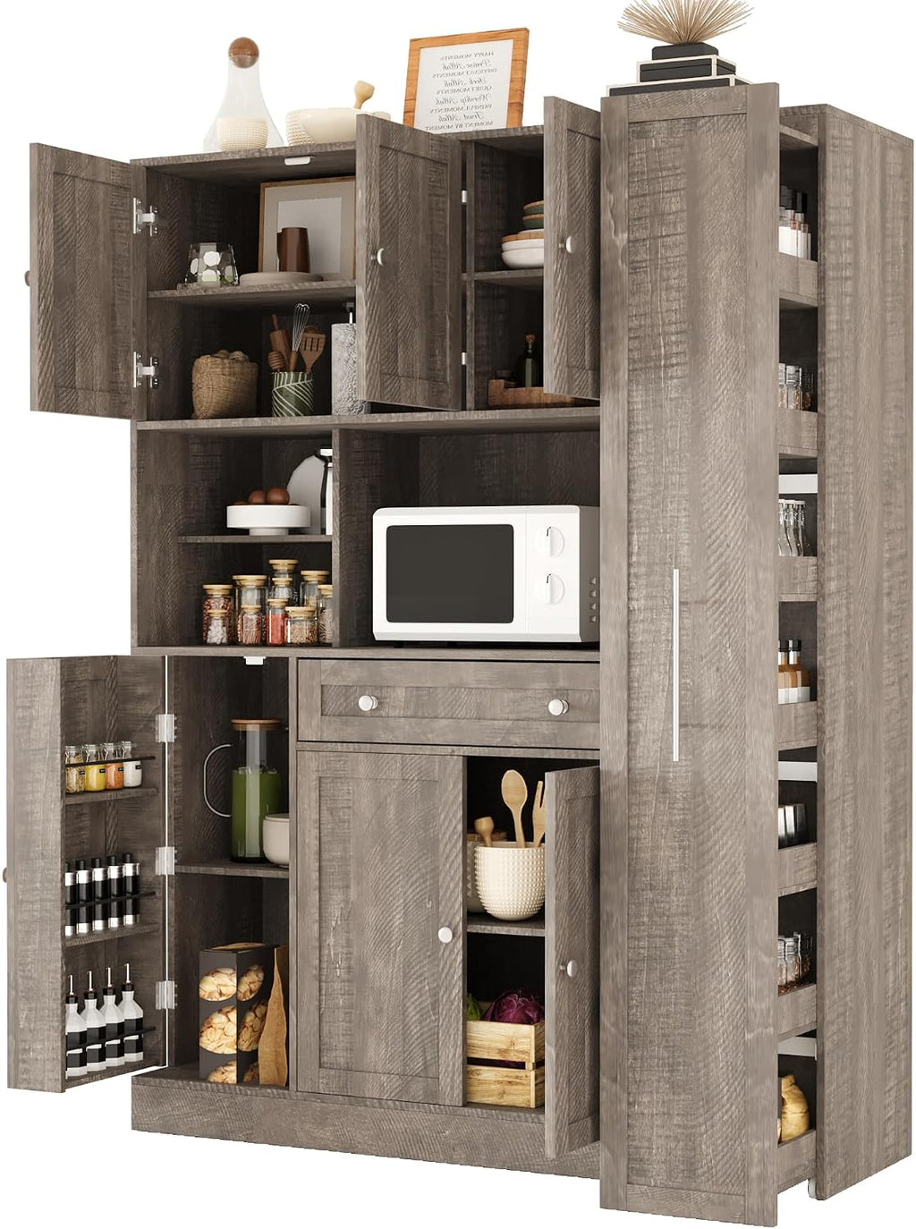 Modern 70inch Kitchen Pantry Storage Cabinet Cupboard with Hutch, Freestanding Buffet with Pull-Out Side Cabinet and Drawer for Living Room, Kitchen (Brown-99a)