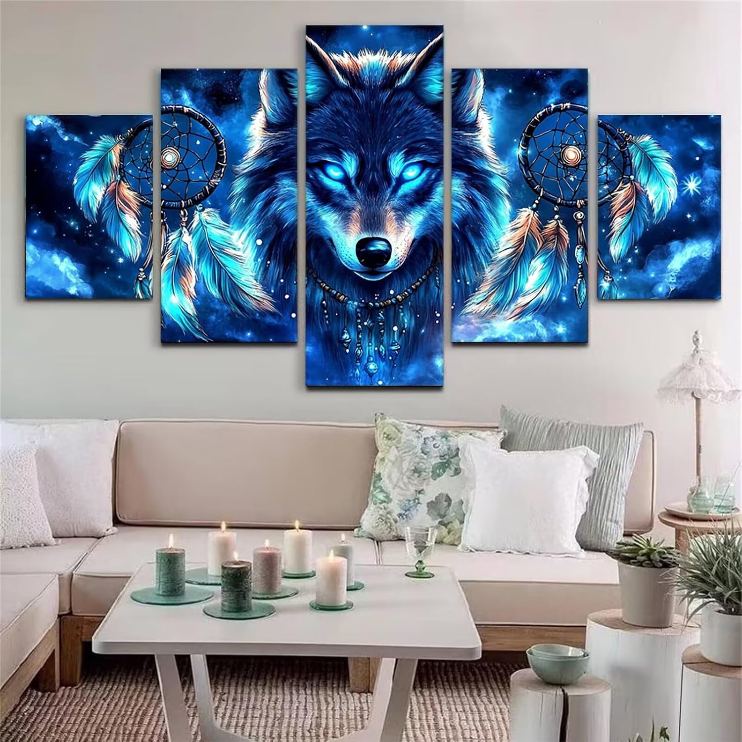 Dream Diamond Art 5 Piece Diamond Painting Wolf 5D Full Round Drill Dimond Art Paintings Crystal Rhinestones Crafts for Adults Gem Painting for Home Decor, Large Artwork for Wall 44 x 90 Inch,Model237