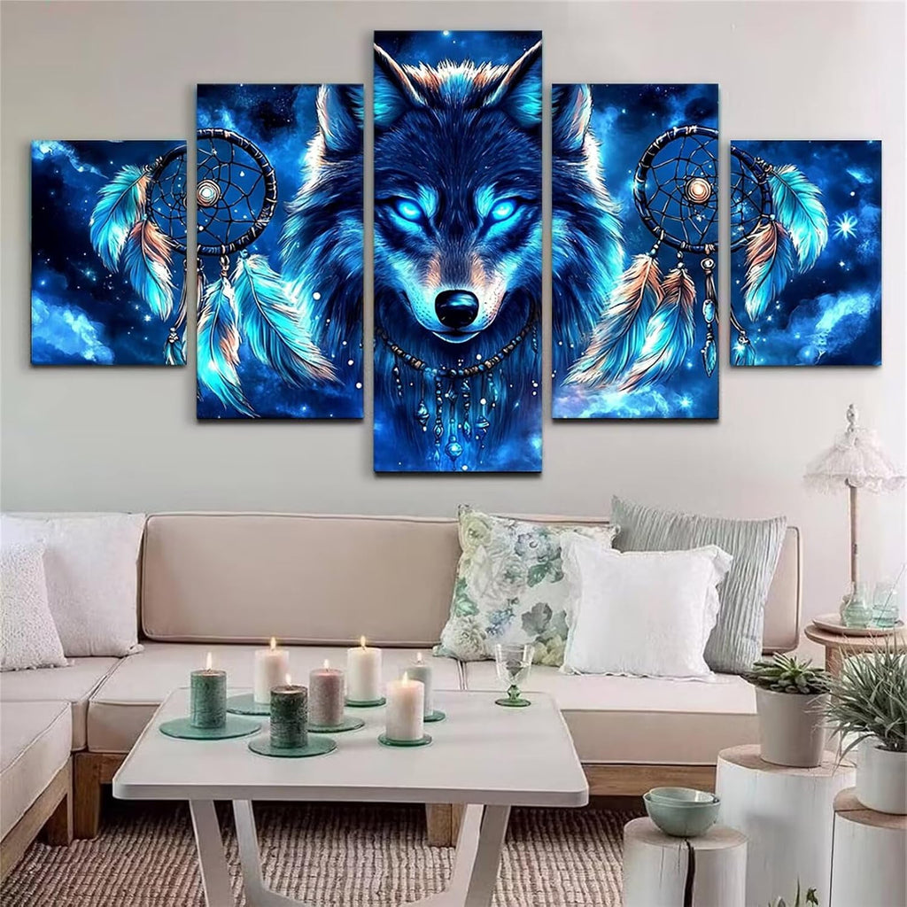Dream Diamond Art 5 Piece Diamond Painting Wolf 5D DIY Full Round Drill Dimond Art Paintings Rhinestones Crafts for Adults Gem Painting for Home Decor, Large Artwork for Wall 48 x 100 Inch, Model237