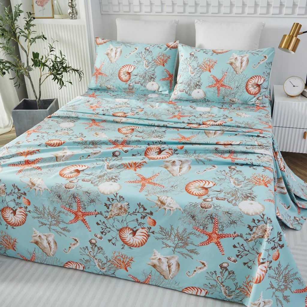 Brandream Luxury Nautical Bedding Queen Size Sheets Set Egyptian Cotton Coastal Beach Bed Sheet Set Deep Pockets 18 Inch 4-Piece Bed Sheets