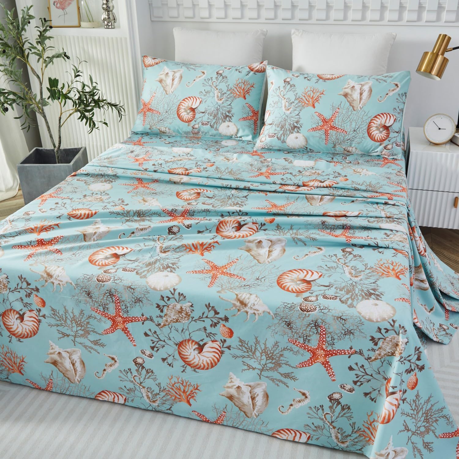 Brandream Luxury Nautical Bedding Queen Size Sheets Set Egyptian Cotton Coastal Beach Bed Sheet Set Deep Pockets 18 Inch 4-Piece Bed Sheets