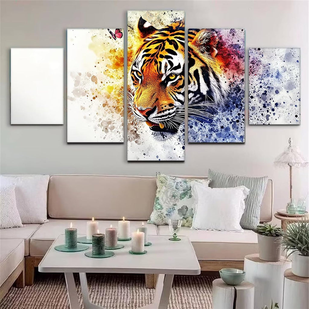 Tiger Diamond Art 5 Piece Diamond Painting Animal 5D DIY Full Square Drill Dimond Art Paintings Rhinestones Crafts for Adults Gem Painting for Home Decor, Large Artwork for Wall 44 x 90 Inch, Model276
