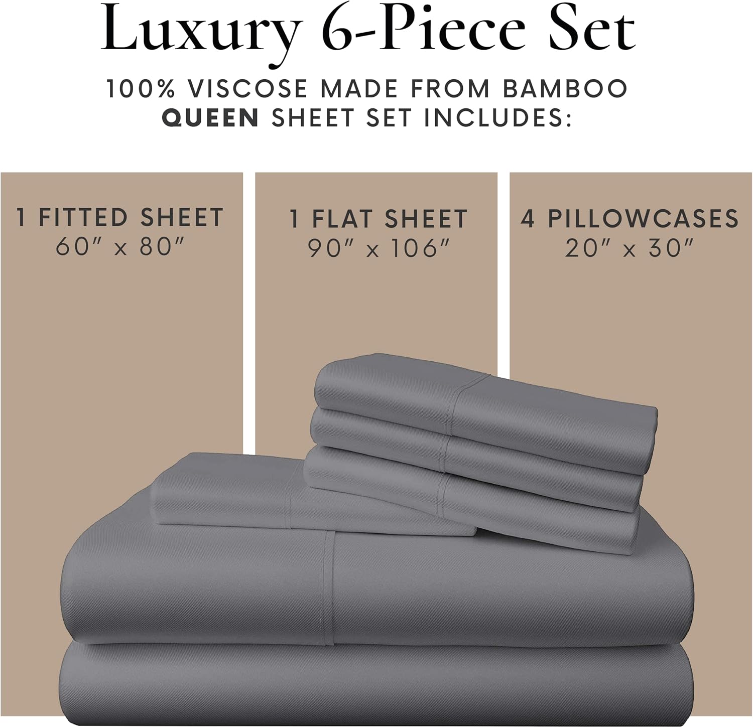 Bamboo Bay 6 Piece Queen Size Sheet Set, 100% Viscose Made from Bamboo, Breathable Ultra Soft Cooling Bed Sheets for Hot Sleepers, Beddings with Deep Pockets Fit 16' Mattress, Dark Grey
