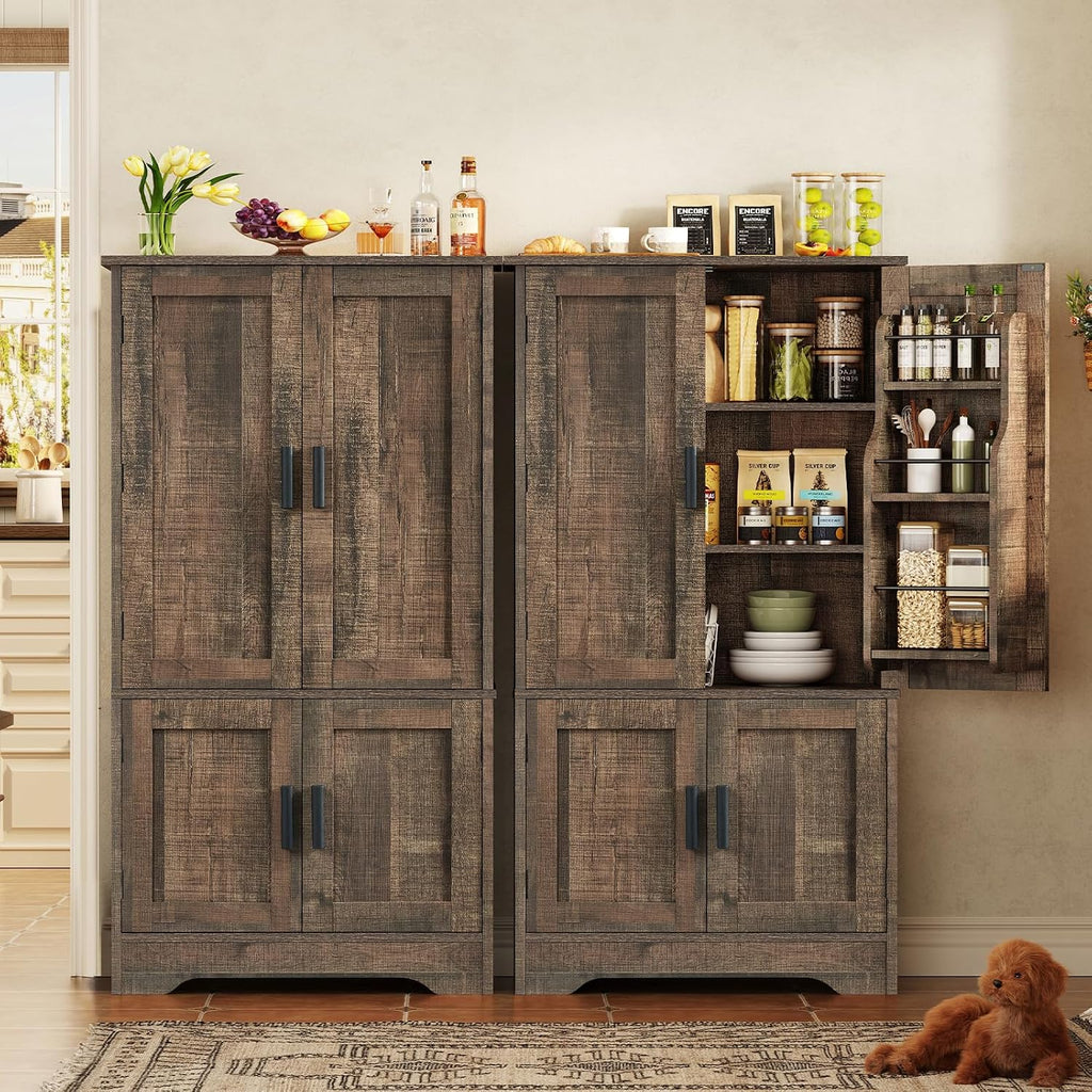 TEENFON Storage Cabinet with 4 Doors, 43.3' H Farmhouse Kitchen Cabinet with 6 Door Shelves, Kitchen Storage Cabinets with Adjustable Shelves, for Living Room, Antique Oak