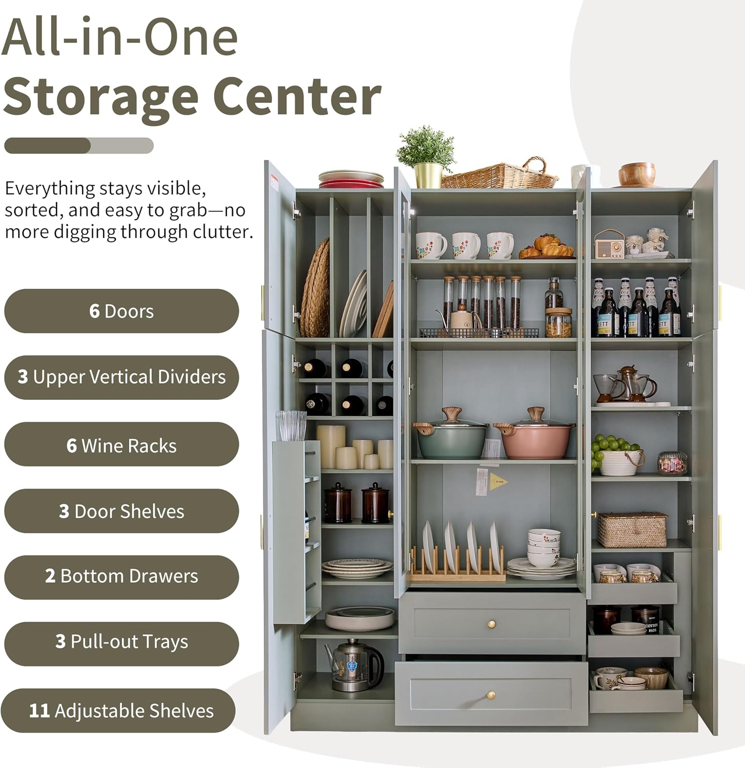 Modern Large Kitchen Pantry with 6 Doors, 53.2''Lx17.7''W Wood Storage Cabinet Cupboard with Drawers, Adjustable Shelves, Pull-Out Trays and Wine Rack for Dining Room (Green-4.19)
