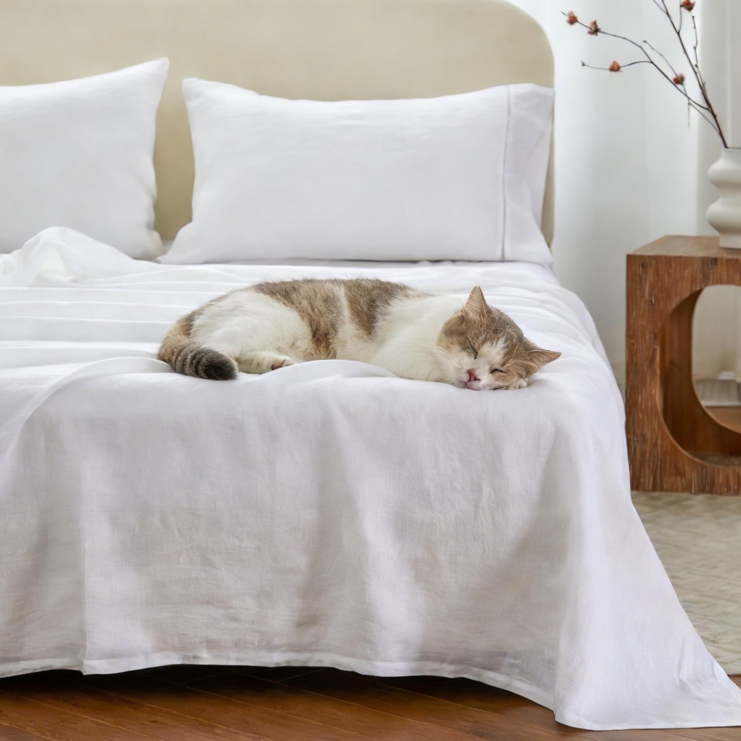 Simple&Opulence 100% Linen Hollow Hemstitch Sheet Set -4 Pieces European Flax Pure Washed Bed Sheets (1 Flat Sheet, 1 Fitted Sheet,2 Pillowcases) -Breathable and Soft (Hemstitch White,Queen)