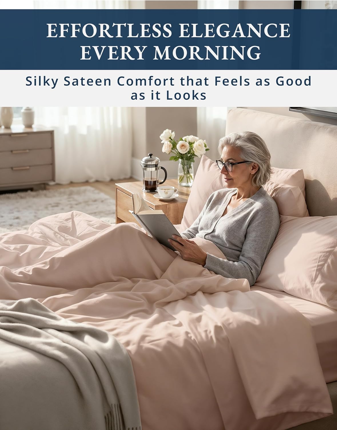LANE LINEN 100% Cotton Split King Bedding Set for Adjustable Beds - 1000 Thread Count, Fully Elasticized Reinforced 15' Extra Deep Pocket Split King Sheets, Sateen Weave for Silky Finish - Sepia Rose