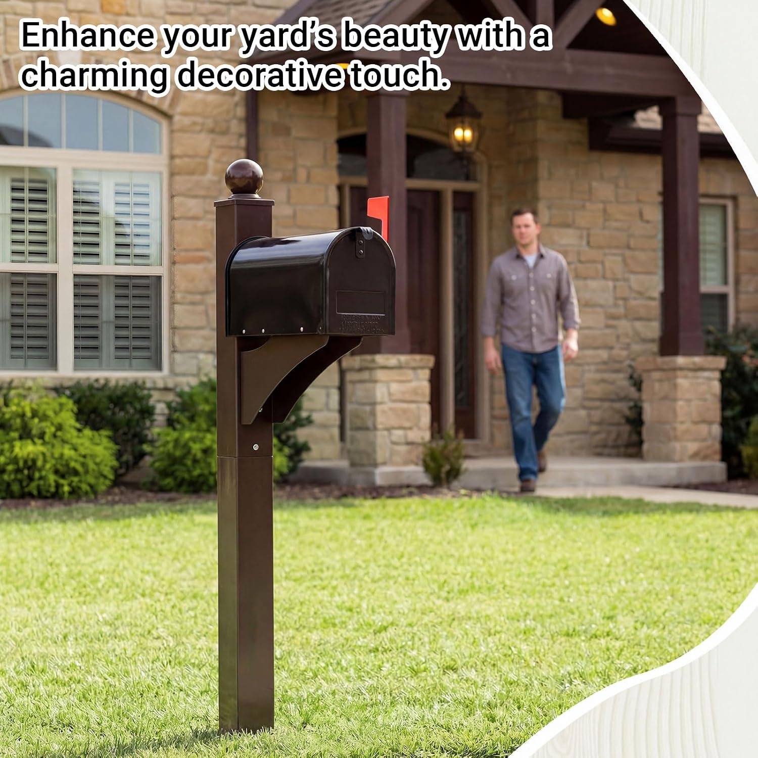 Colingmill Brown,Black 1 Set Iron Mailbox Posts with Mailbox for Outside Ground Mounting Post 56 Inch Tall Heavy Duty Architectural Stand with 8 Screws for Outdoor Use