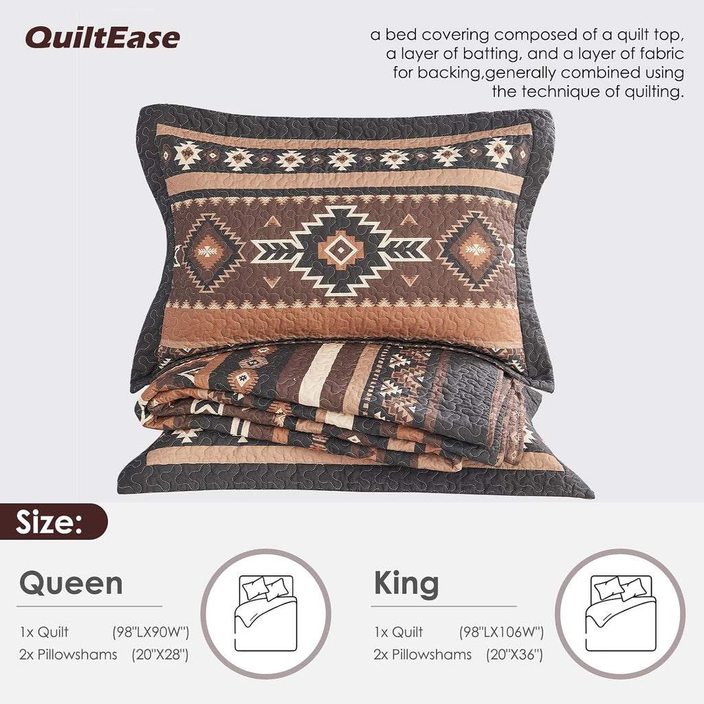 Traditional Quilt Queen Size - 3 Pieces Rustic Aztec Bedding Sets - 100% Cotton Southwestern Bedspread for All Season - American Navajo Diamond Motif Lightweight Comforter - Brown/Black