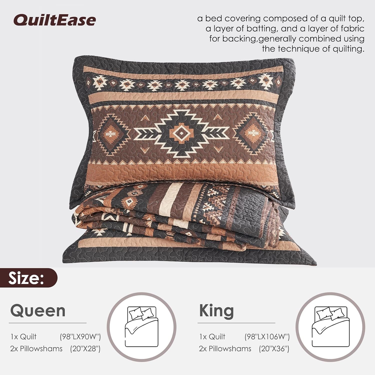 Traditional Quilt Queen Size - 3 Pieces Rustic Aztec Bedding Sets - 100% Cotton Southwestern Bedspread for All Season - American Navajo Diamond Motif Lightweight Comforter - Brown/Black