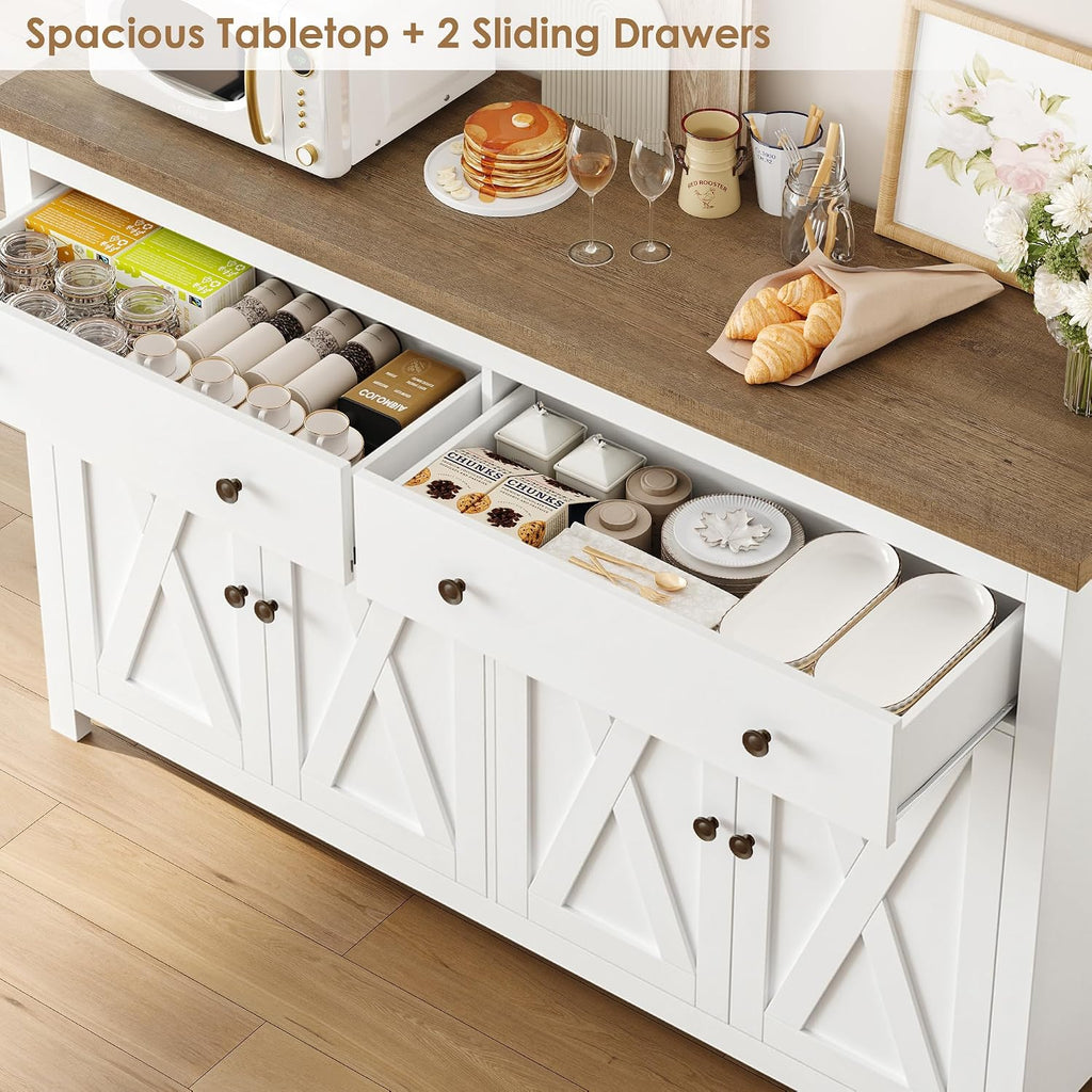 FOTOSOK Sideboard Buffet Cabinet with Storage, 55' Large Kitchen Storage Cabinet with 2 Drawers and 4 Doors, Wood Coffee Bar Buffet Table Console Table for Kitchen Dining Room, White