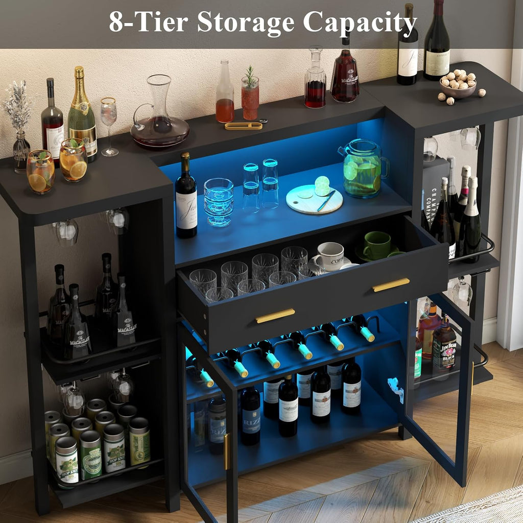 Loomie Bar Table Cabinet with LED Lights & Drawer, 8-Tier Wine Bar Cabinet with Wine Rack & Stemware Holder, Home Bar Unit Liquor Cabinets with Glass Door, Crescent Shaped Counter for Home Pub (Black)