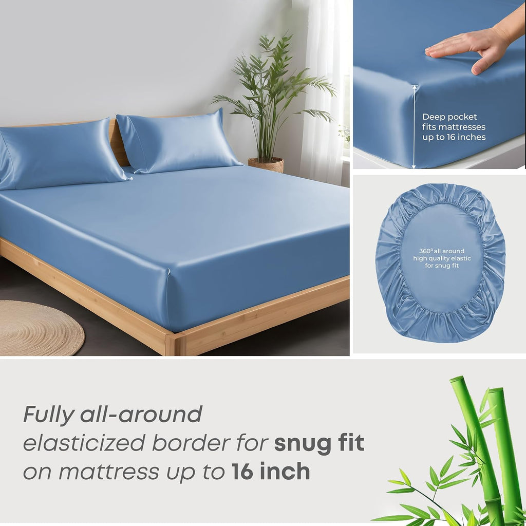 Linenwalas Premium 100% Viscose Derived from Bamboo Split King Sheet Set - Ultra Soft, Breathable & Cooling, Ideal for Hot Sleepers, 16' Deep Pocket, Hotel Luxury Bedding (Bahamas Blue)