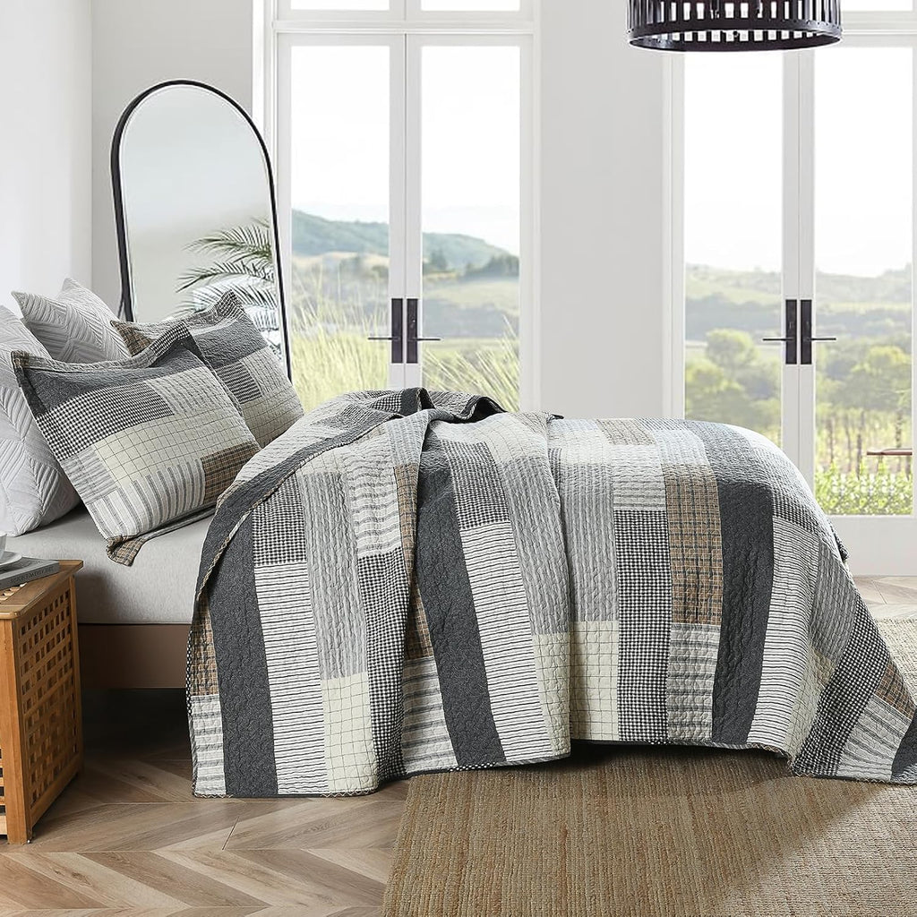Y-PLWOMEN King Size Quilt - 100% Cotton Cozy King Quilt Set, Farmhouse Striped Bedspread, Reservible Lightweight Quilted Bedding Set for All Season, 3-Pieces