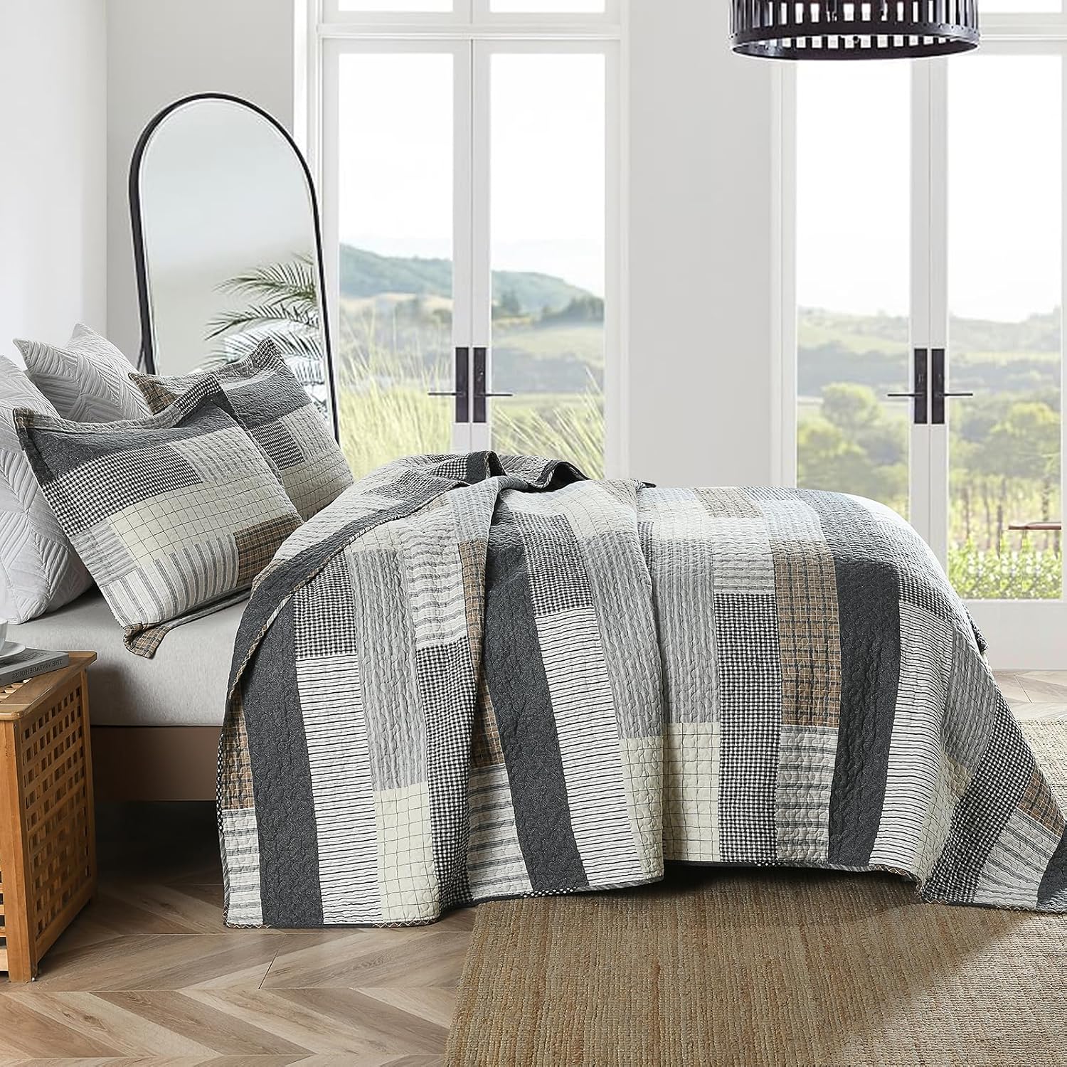 Y-PLWOMEN King Size Quilt - 100% Cotton Cozy King Quilt Set, Farmhouse Striped Bedspread, Reservible Lightweight Quilted Bedding Set for All Season, 3-Pieces