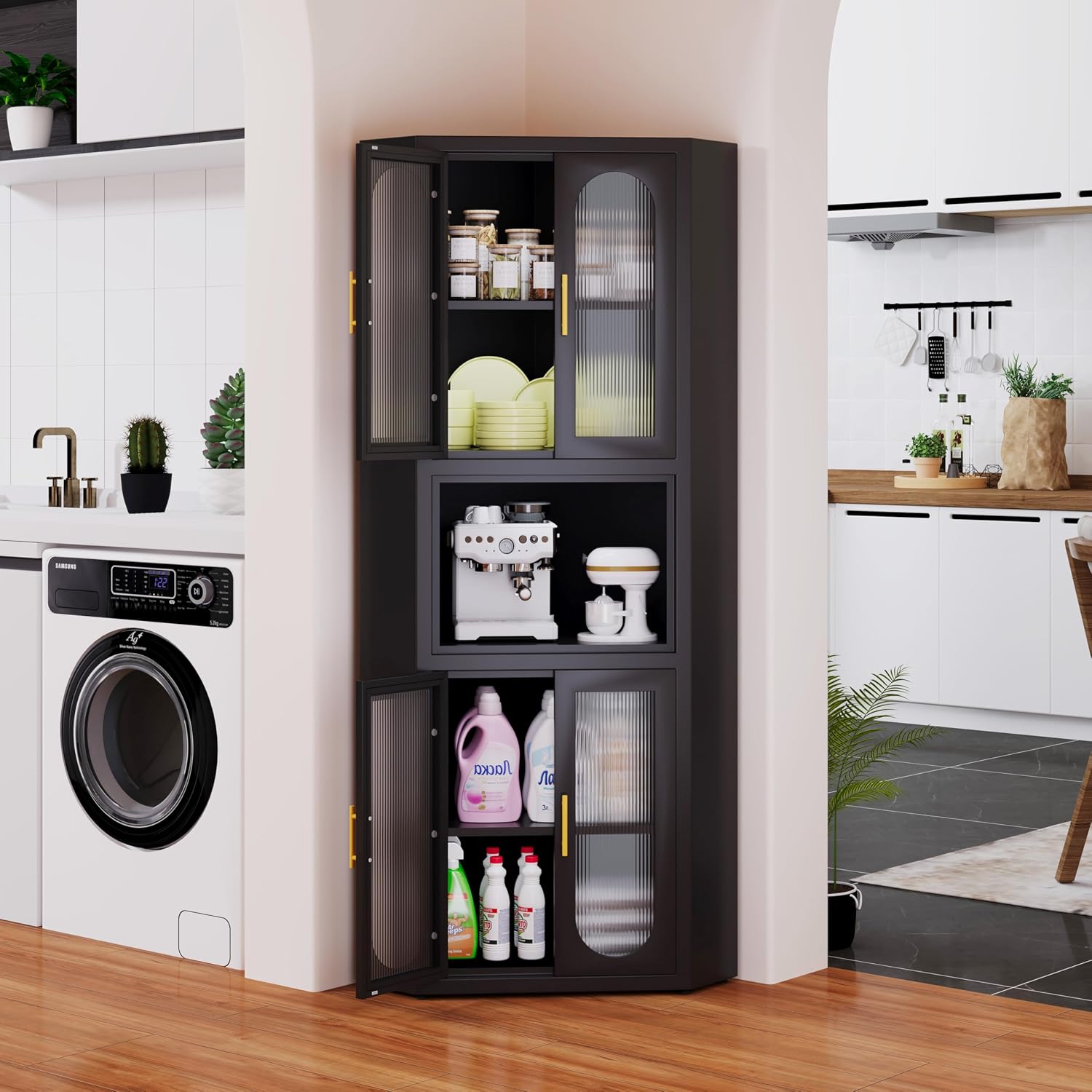 erosoei Farmhouse Corner Cabinet, Tall Corner Pantry Storage Cabinet with Acrylic Glass Door Design & Adjustable Feet, for Laundry Room, Bathroom, Kitchen,Bedroom(Black)