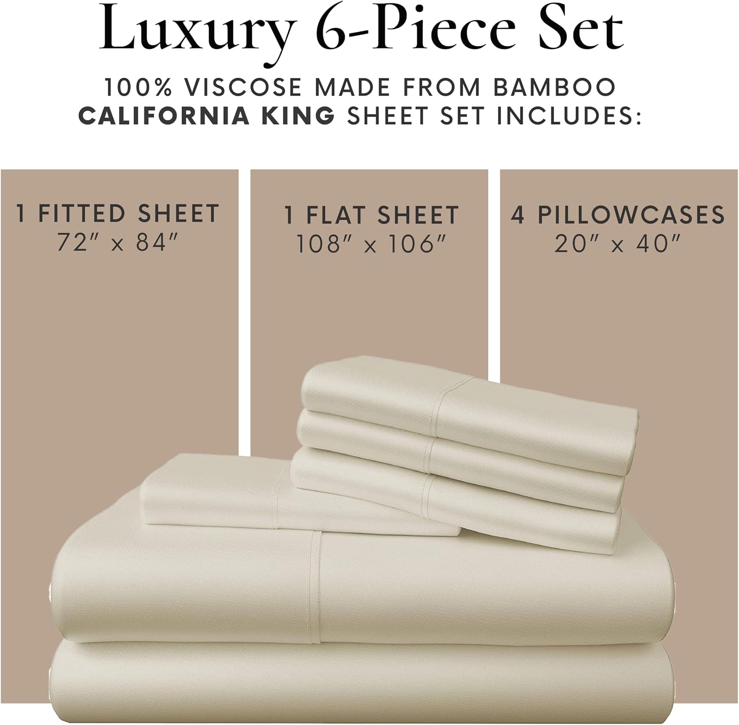 Bamboo Bay 6 Piece California King Size Sheet Set, 100% Viscose Made from Bamboo, Breathable, Ultra Soft Cooling Bed Sheets for Hot Sleepers, Beddings with Deep Pockets Fit 16' Mattress, Ivory