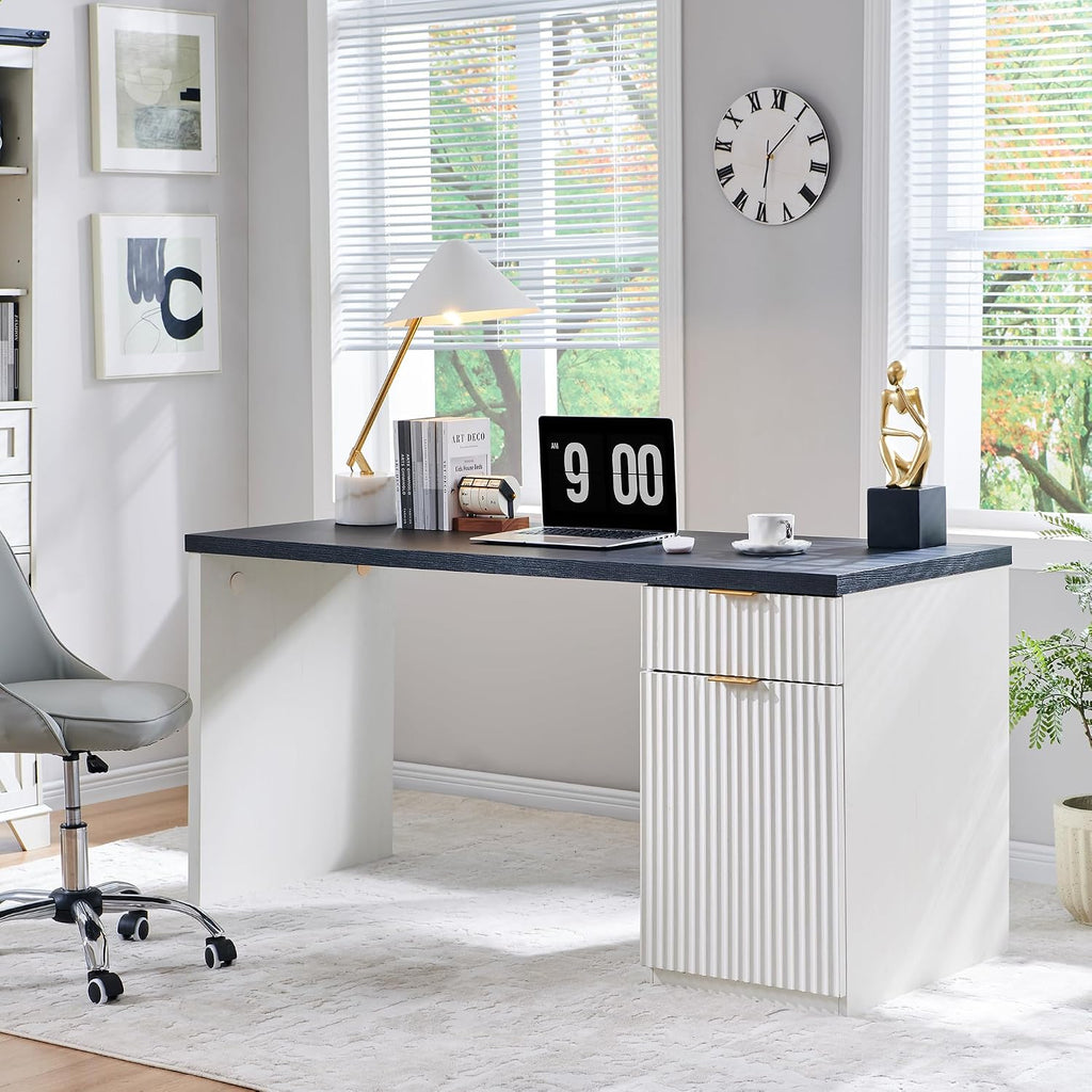 JXQTLINGMU 60' Modern Executive Desk with Storage, Wood Home Office Desk with Drawer & Cabinet, Fluted Computer Writing Desk for Study, Living Room, Bedroom, Antique White