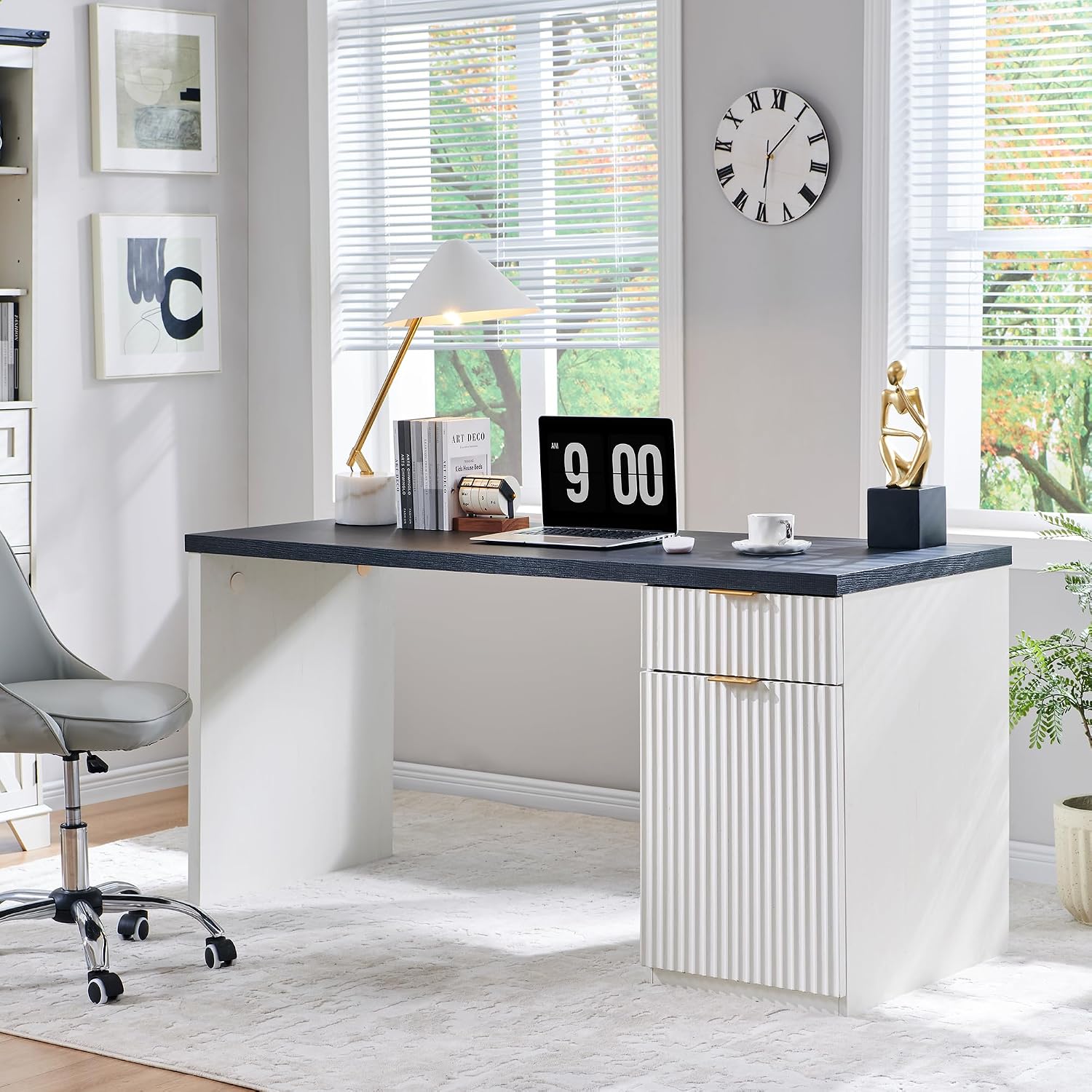 JXQTLINGMU 60' Modern Executive Desk with Storage, Wood Home Office Desk with Drawer & Cabinet, Fluted Computer Writing Desk for Study, Living Room, Bedroom, Antique White