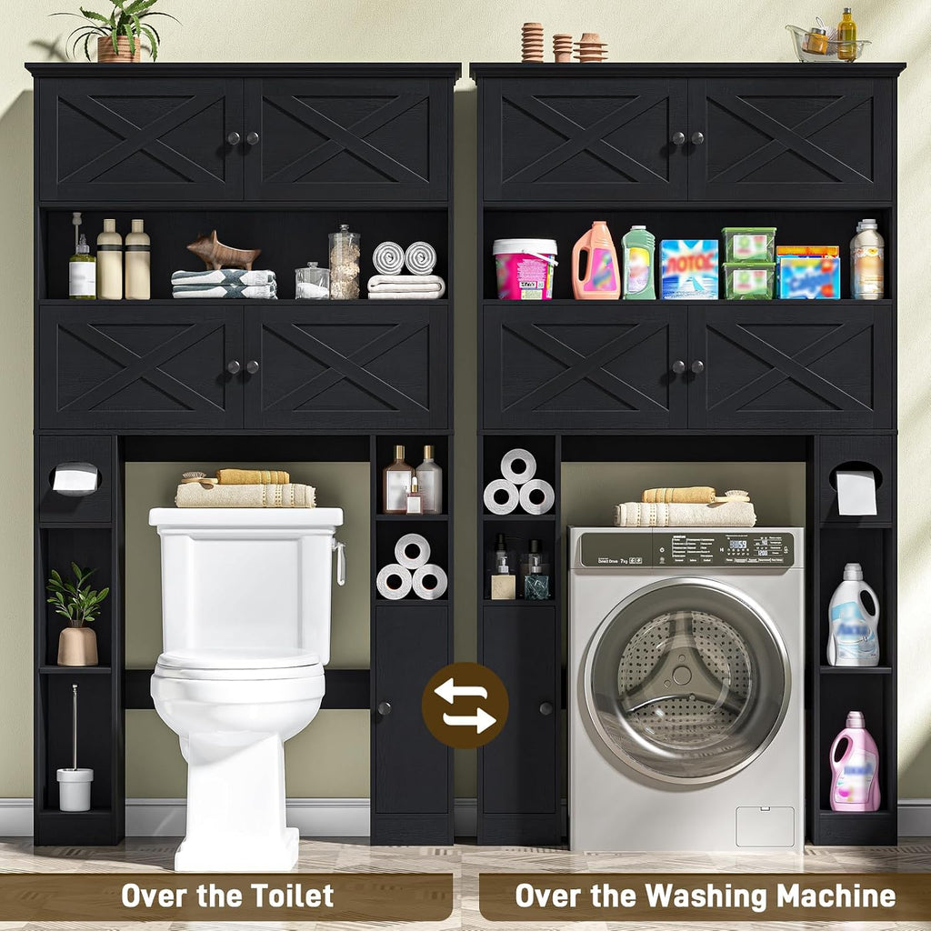 Over The Toilet Storage Cabinet, Farmhouse Storage Over Toilet with 4 Barn Doors & Adjustable Shelf, Space Saving Bathroom Organizer with Toilet Paper Holder Stand for Bathroom, Laundry, Rustic Black