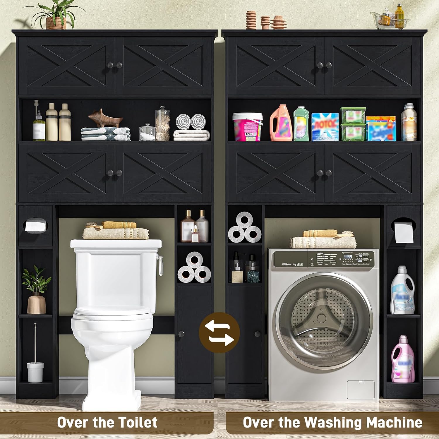 Over The Toilet Storage Cabinet, Farmhouse Storage Over Toilet with 4 Barn Doors & Adjustable Shelf, Space Saving Bathroom Organizer with Toilet Paper Holder Stand for Bathroom, Laundry, Rustic Black