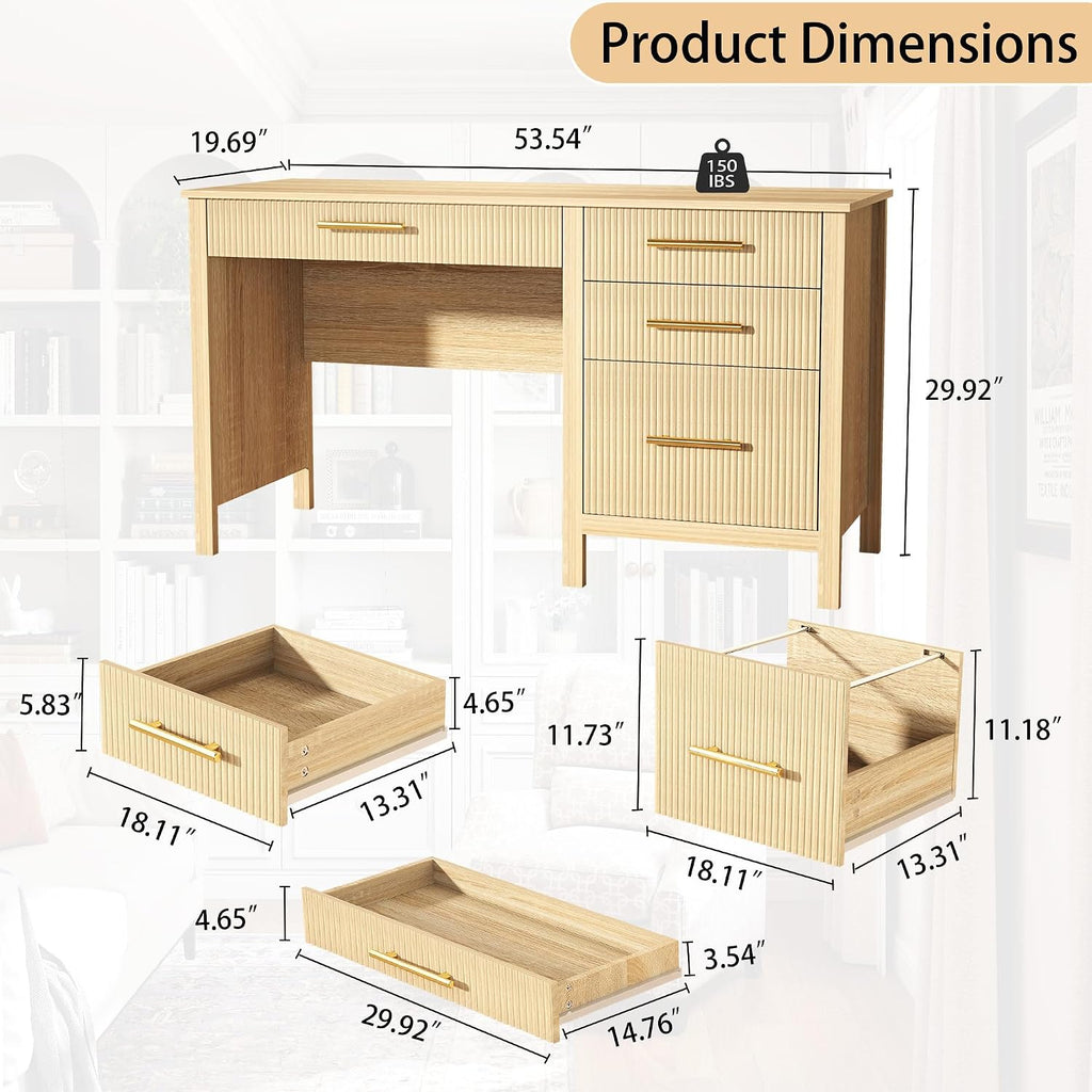 Modern Executive Desk with Drawers: 54' Oak Home Office Desks with File Drawers, Wood Fluted Computer Writing Desk for Work, Study, and Living Room (54')