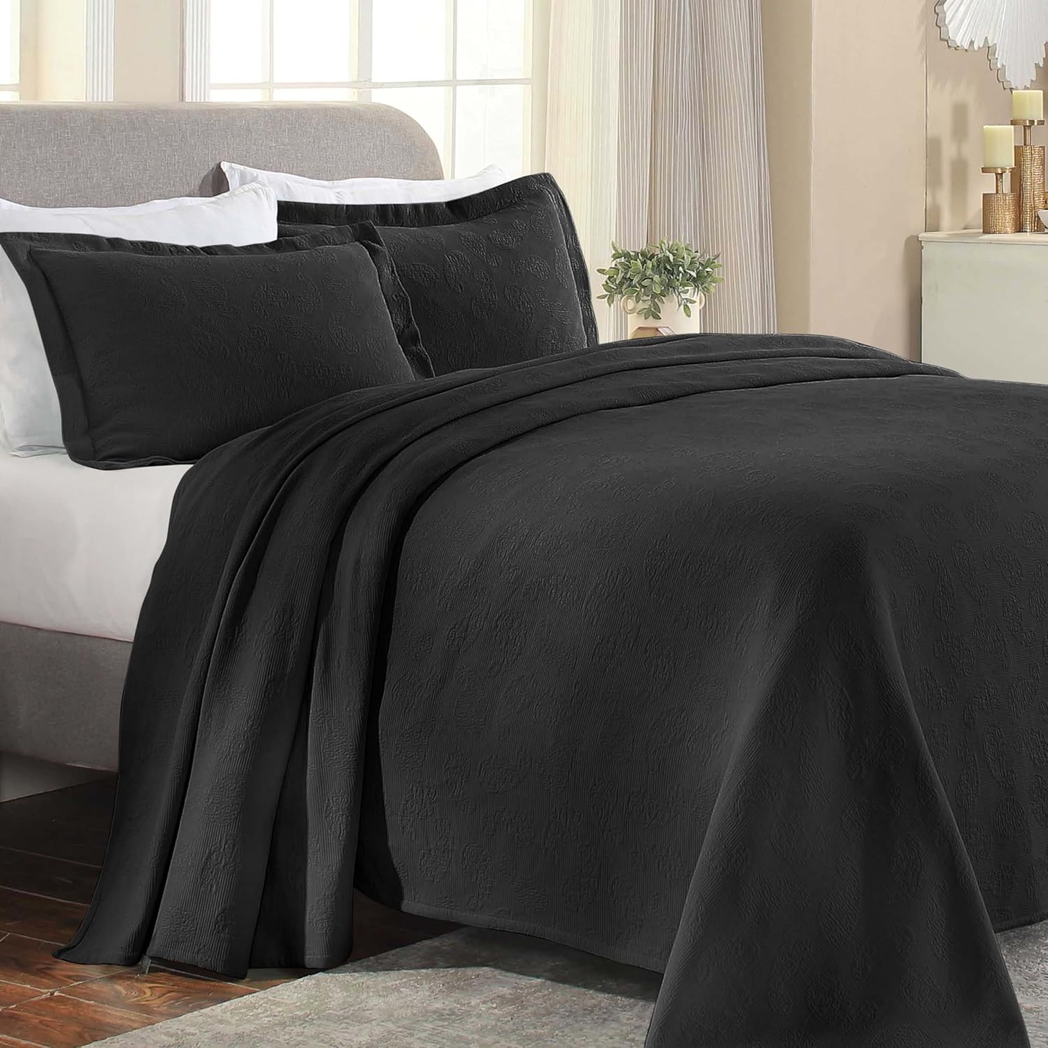Superior Paisley Cotton 3 Piece Bedspread Set, Home Bed Decor, Decorative Textured Bed Spread, 2 Pillow Shams, Airy Blanket, Matelasse Coverlet Bedding, Vintage Floral Design, Queen, Black