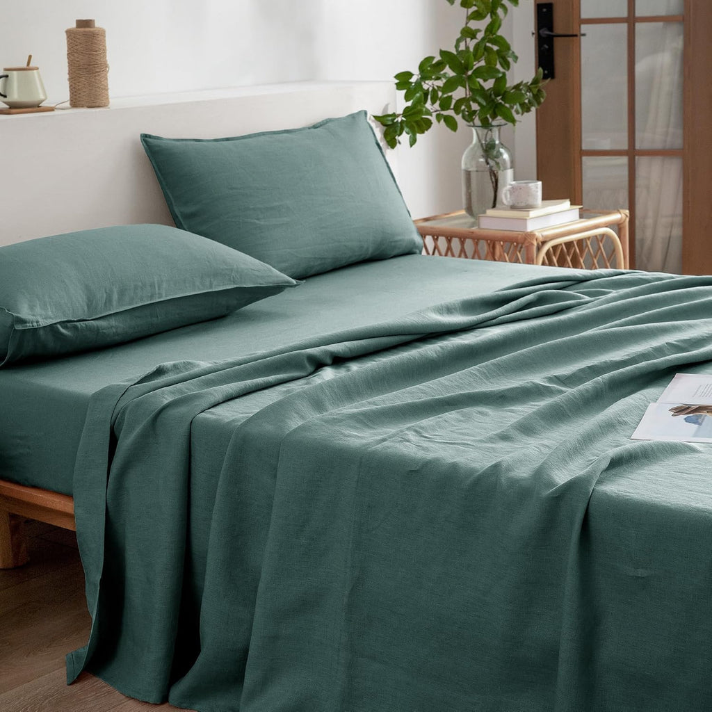 EVERLY Linen Sheets King Size,100% Stonewashed Pure French Linen Sheets 16Inch Deep Pocket Sheets,3Pieces (1Flat Sheet,1Fitted Sheet,2Pillowcase) Natural Flax Soft and Breathable For Hot Sleepers-Aqua