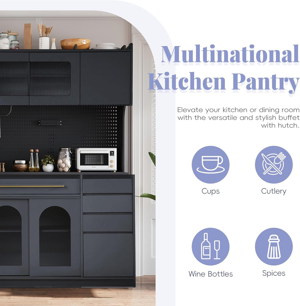 63'' W Buffet Cabinet with Hutch, Large Coffee Bar Storage Cabinet with 6 Drawers, Kitchen Pantry Sideboard with 5 Cabinets and Adjustable Shelves, Pegboard, Towel Rack, Power Outlet (Black-Q12)