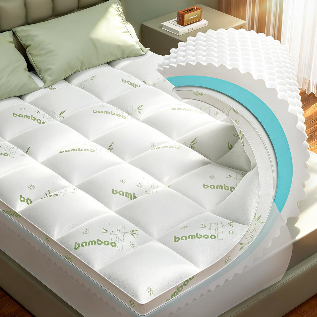 Queen Mattress Topper, 3 in 1 Memory Foam Mattress Topper for Back Pain, 2' Fluffy Cooling Mattress Toppers Queen Breathable Viscose Made from Bamboo and 2.5' Dual Firmness Gel Memory Foam.