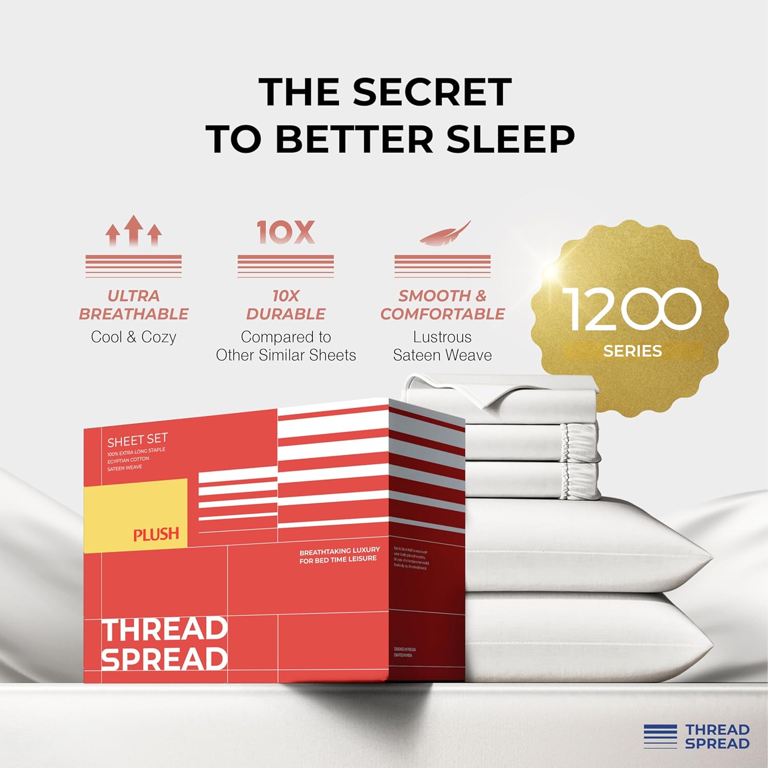 THREAD SPREAD 100% Egyptian Cotton Split King Sheets Sets for Adjustable Bed - Luxury 1200 Series Plush Collection Split Top King Sheets (5 PC, White), Soft, Cooling, 17' Deep Pocket Sheet Set