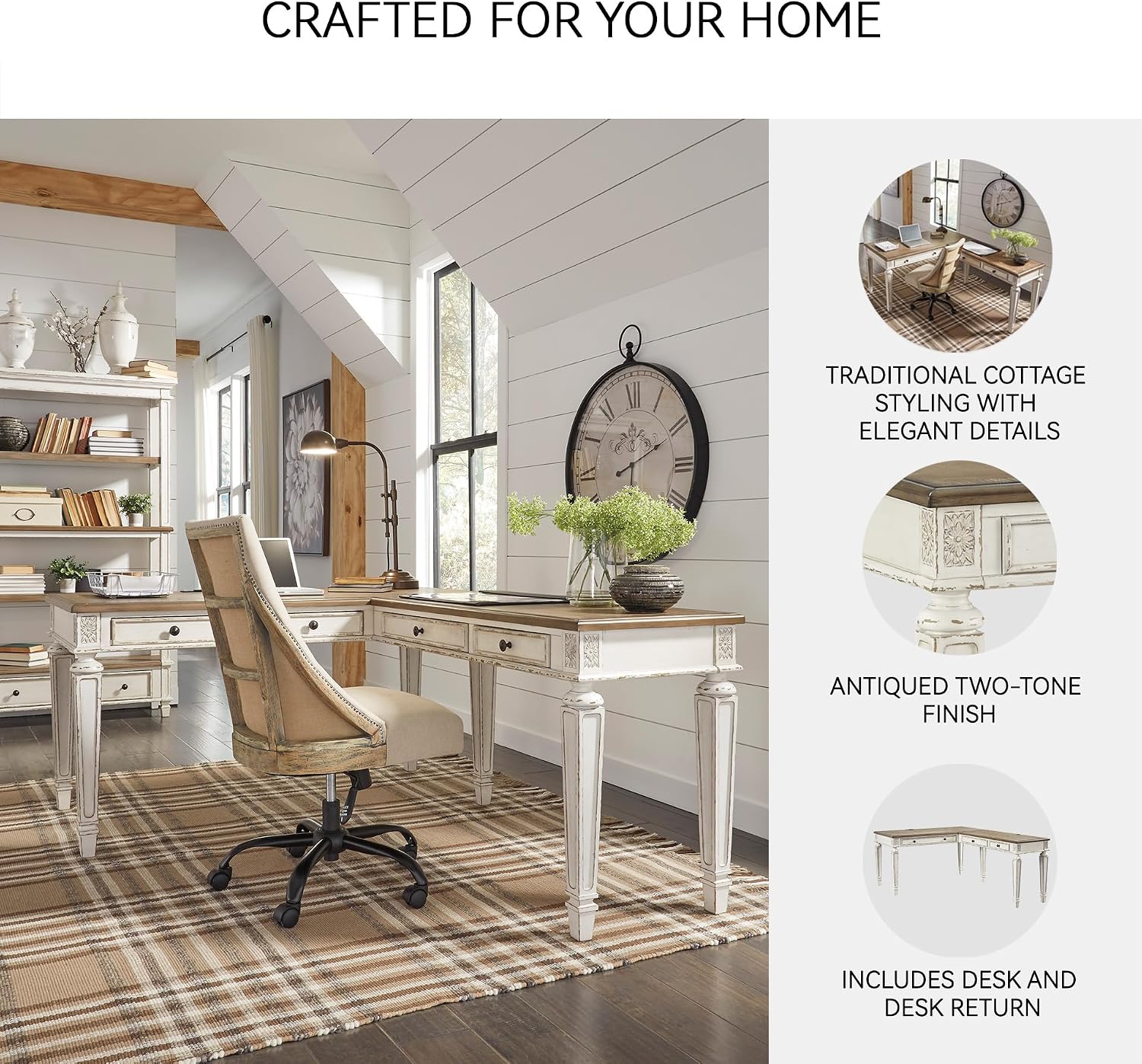Signature Design by Ashley Realyn Cottage L-Shaped Distressed 2-Piece Home Office Desk with Power Supply and USB Ports, White & Light Brown