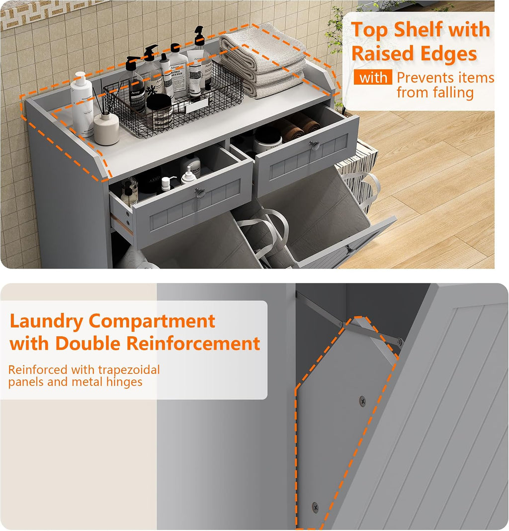Trash Can Cabinet, 2X 13 Gallons Double Tilt-Out Laundry Hamper Cabinet with Storage Drawer, Hidden Wood Garbage Can Cabinet, Kitchen Dog Proof Trash Bin Cabinet for Bathroom, Kitchen, Grey