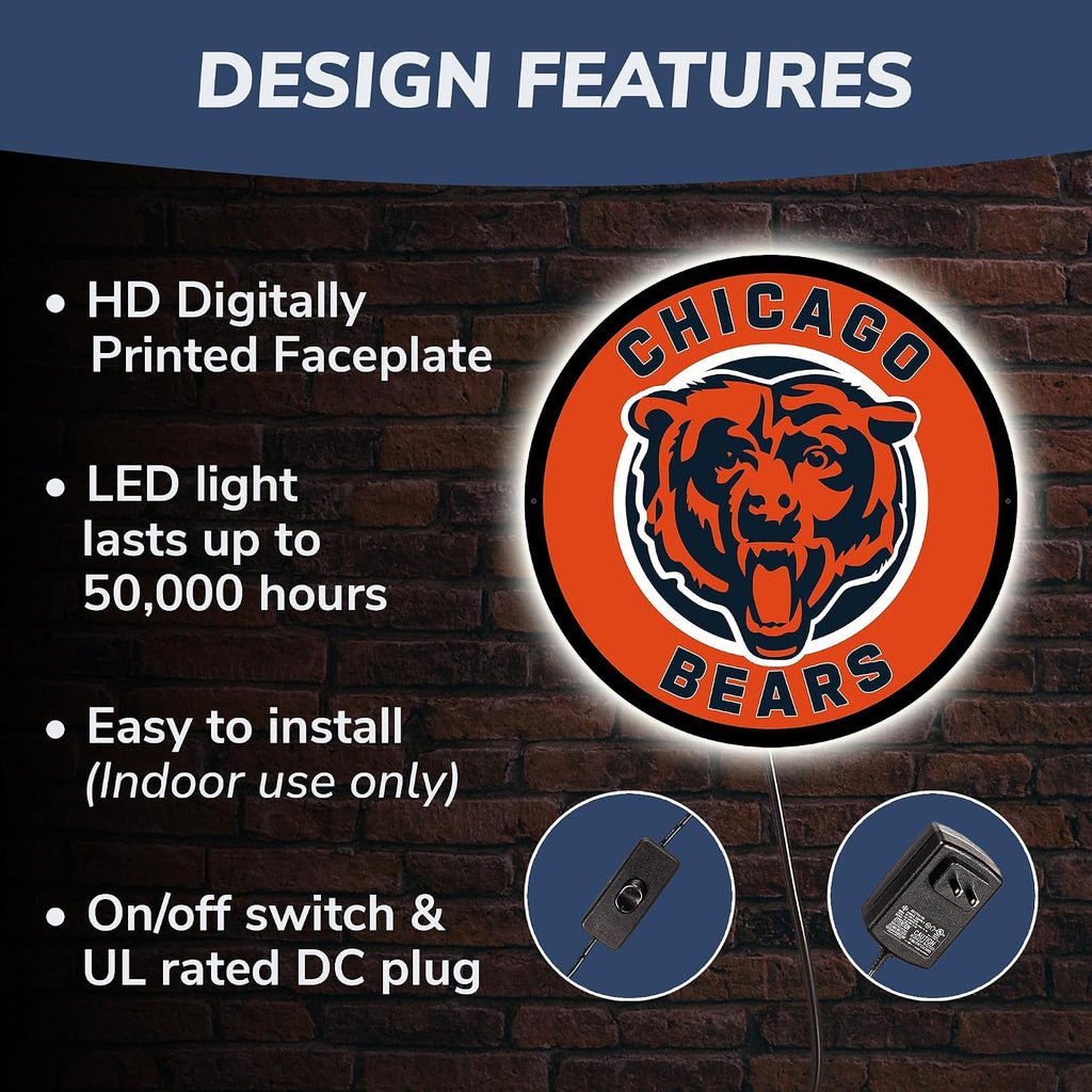 Team Sports America Evergreen NFL Chicago Bears | Ultra-Thin LED Light Wall Sign Decor | 23 Inch Round | Made in the USA