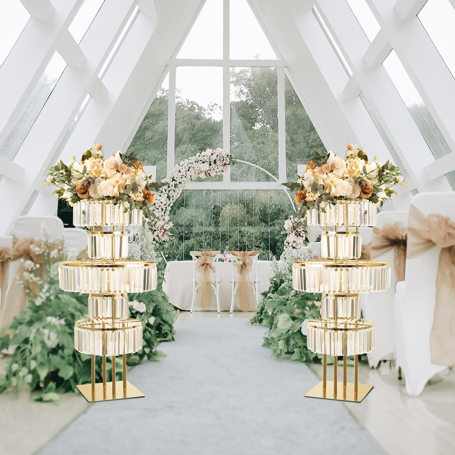 5-Tier Crystal Gold Vase for Centerpiece - Large Wedding Decor Flower Stand, Metal Chandelier Stand with K9 Crystal Pendants, Elegant Flower Display Rack for Party Event Home Wedding Decor (Gold)