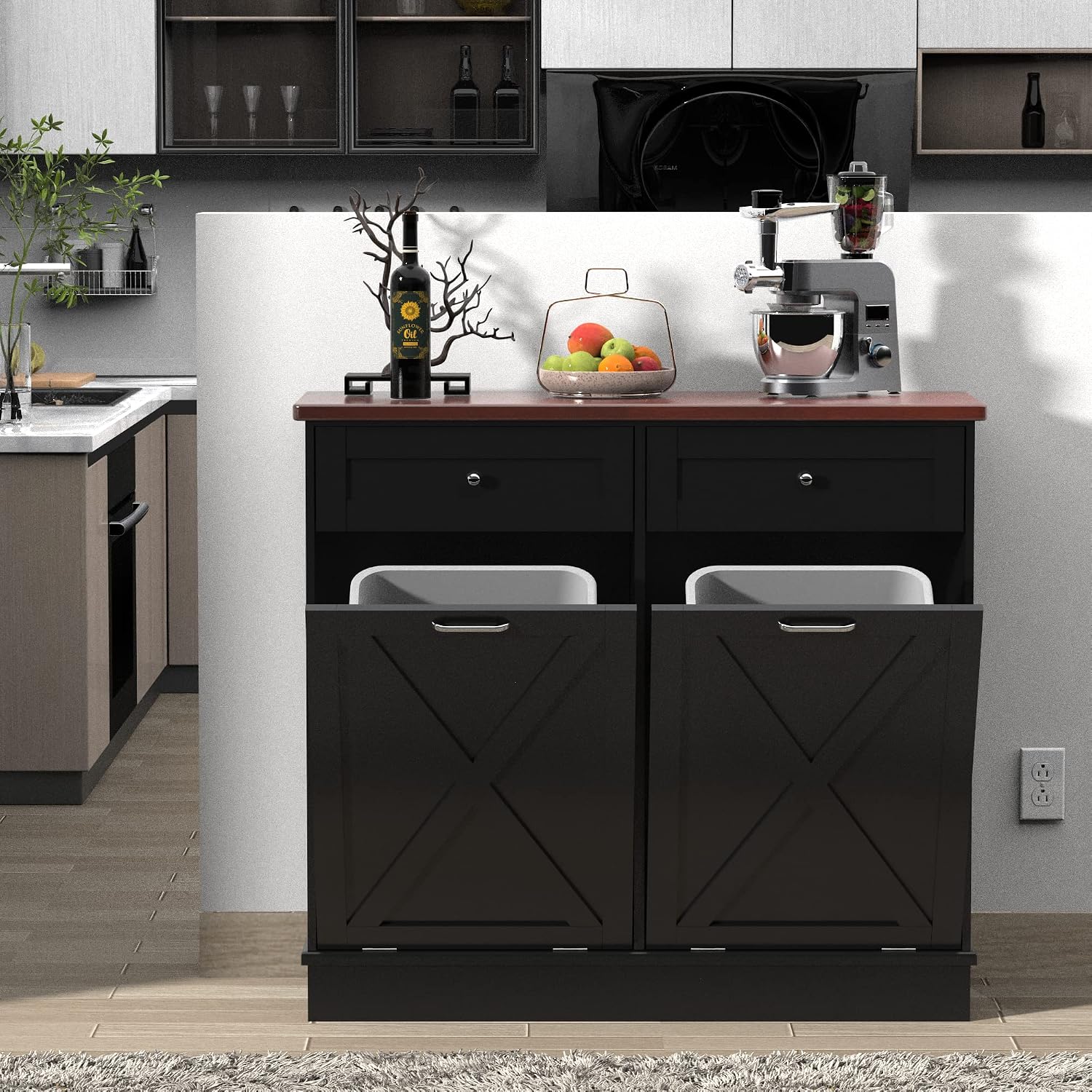 TOLEAD Double Tilt Out Trash Cabinet Free Standing 10 Gallon Recycling Trash Can Cabinet with Barn Door for Farmhouse Kitchen,Living Room, Dining Room, Black