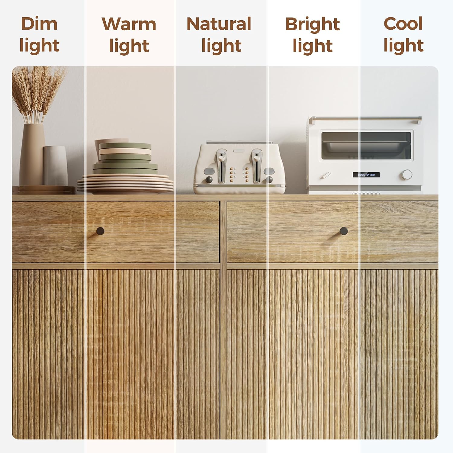 Mericonia Farmhouse Buffet Sideboard Cabinet with Storage, Fluted Coffee Bar with Doors and Adjustable Shelves, Modern Wood Console Cabinet with Drawers (4 Door, Natural 2 Drawer)