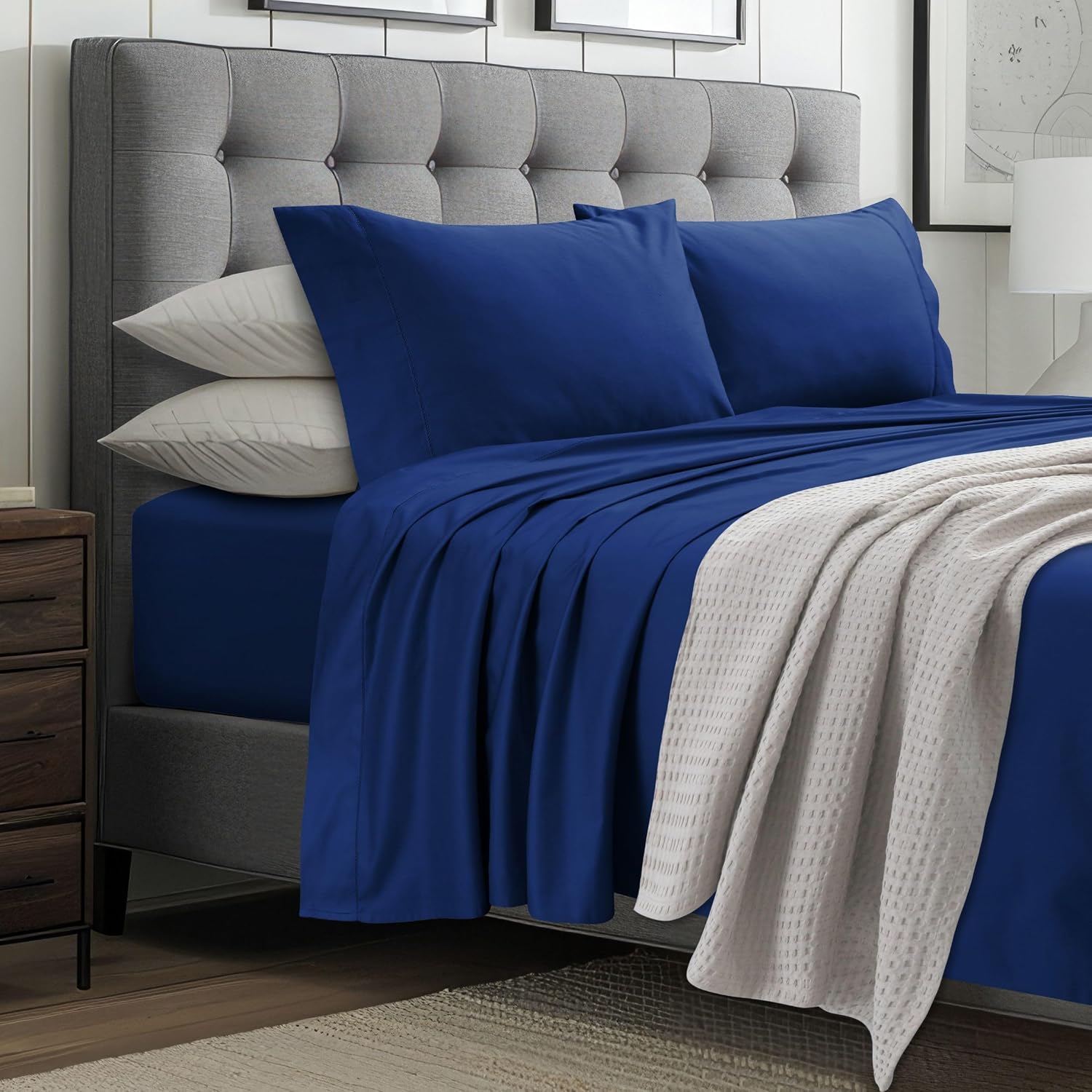 Tribeca Living 1000 Thread Count Egyptian Cotton Sheets Queen Size - Silky Smooth Sateen Weave for Luxurious Sleep - 22 Inch Deep Pocket 4-Piece Set in Classic Blue