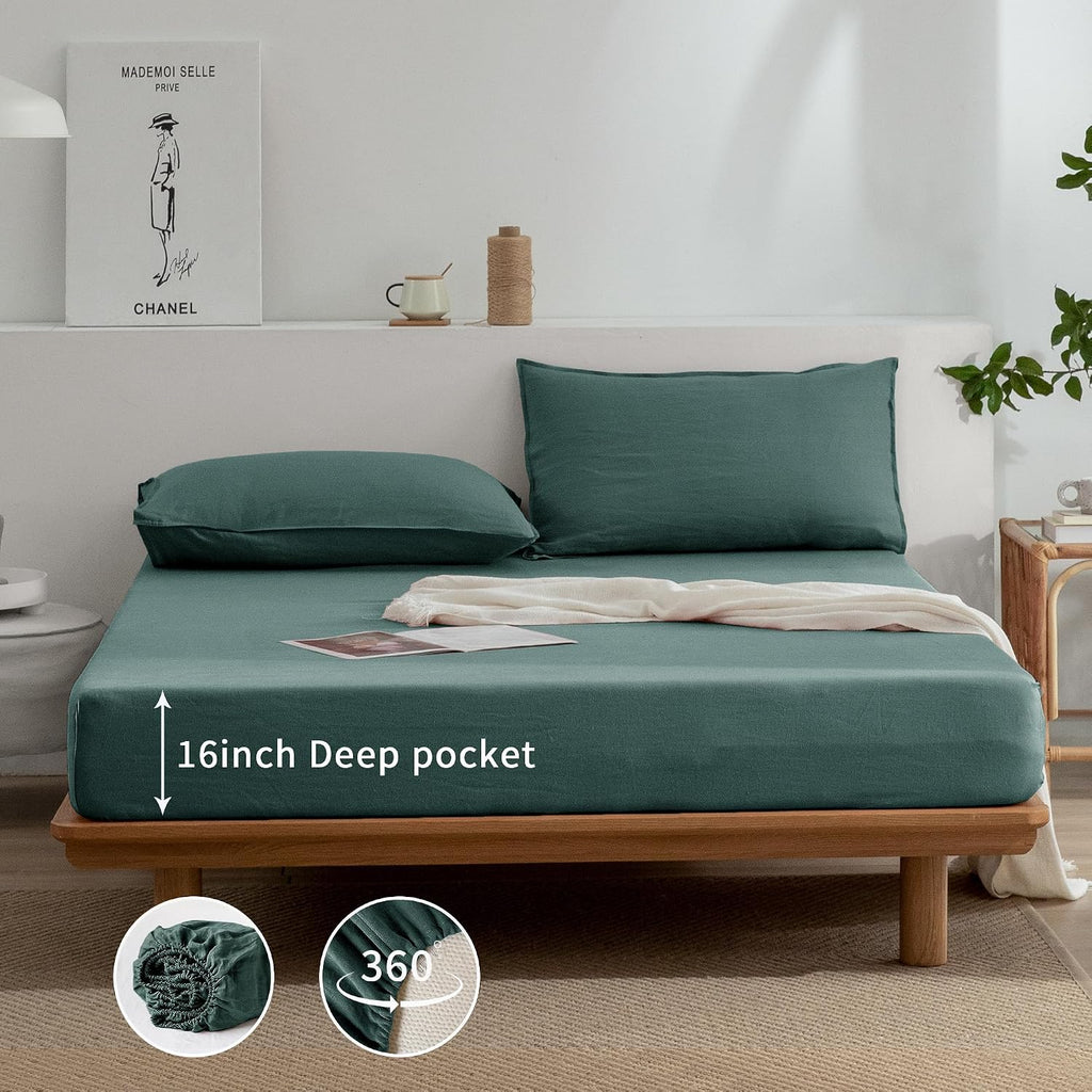 EVERLY Linen Sheets California King Size,100% Stonewashed French Linen Sheets Deep Pocket Sheets,4Pieces (1Flat Sheet,1Fitted Sheet,2Pillowcase) Natural Flax Soft and Breathable for Hot Sleepers-Aqua