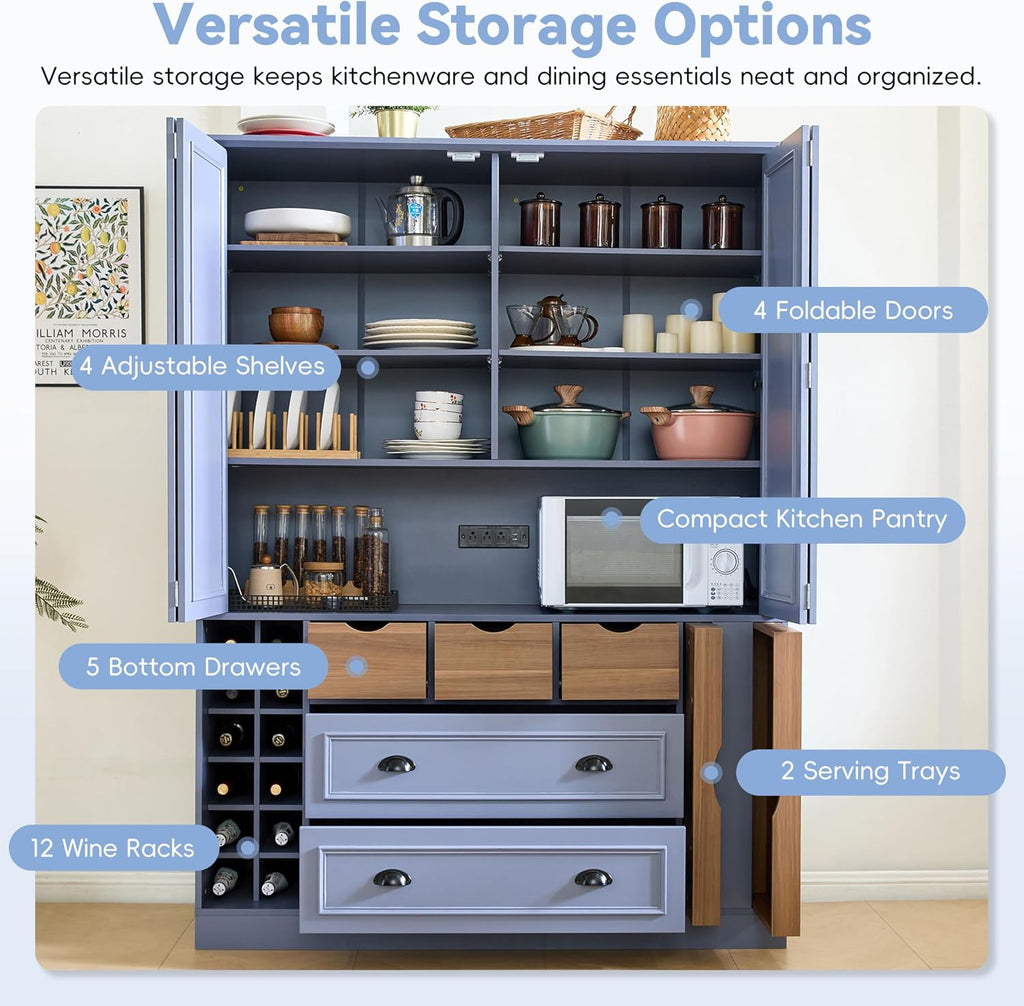 Merax 71' H Tall Kitchen Pantry Cabinet with Outlet, Modern Kitchen Hutch with Microwave Stand and Wine Racks, Large Food Pantry Storage Cabinet with Serving Trays and Drawers, Blue Gray
