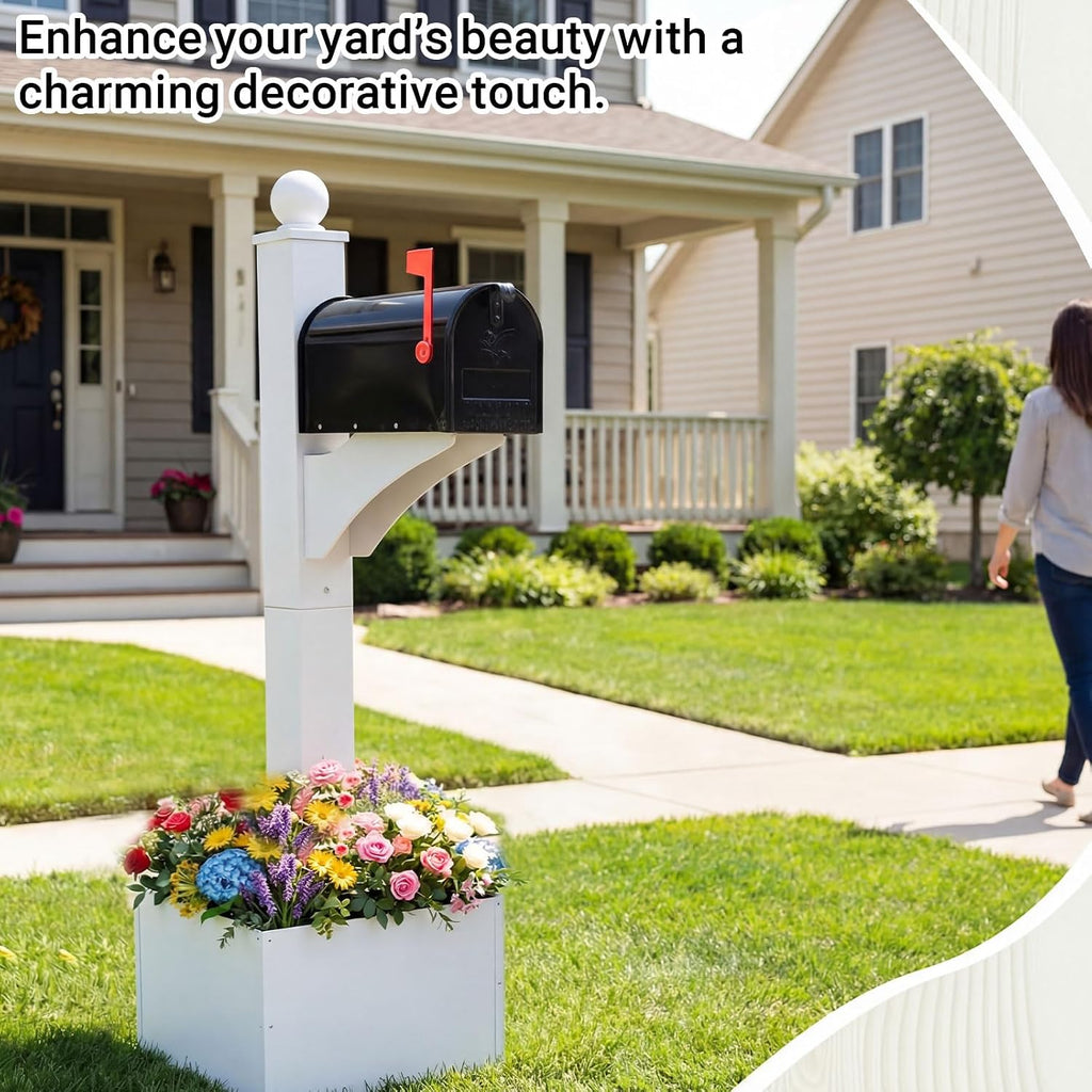 Colingmill White and Black Iron Mailbox Posts with Mailbox and Planter Box for Outside Decorative Ground Mounting Post 56 Inch / 4.6 ft Tall Heavy Duty Stand for Outdoor Use