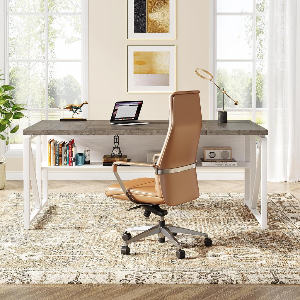 Tribesigns 63 inches Computer Desk with Bottom Storage Shelf Home Office Desk Writing Table for Workstation,Dark Walnut + Steel Leg， Cabinet not Included (Dark Oak, 63-inch-with Shelf)