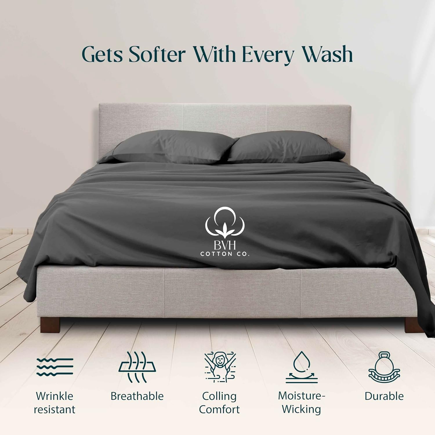 Egyptian Cotton RV Short Queen Size Sheet Set, 4Pc Bed Set, Soft & Breathable Percale Weave, Fits 10-12' Deep Pocket, Hotel-Quality 1000 Series Bed Sheets (Solid, Elephant Grey)