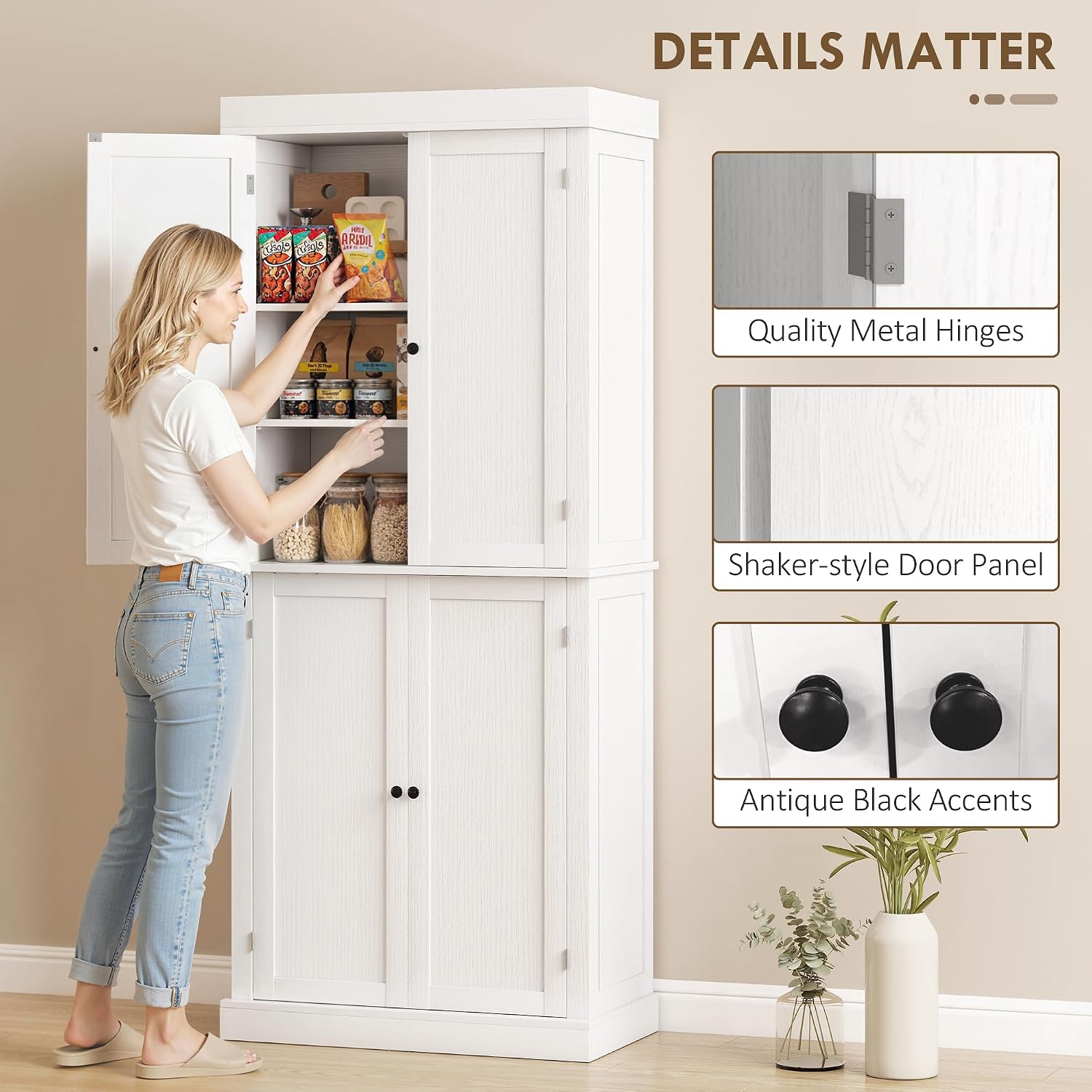 HOMCOM 72.5' Tall Kitchen Pantry Cabinet, Freestanding Modern Farmhouse Kitchen Storage Cabinet with 4 Doors and 2 Adjustable Shelves for Dining Room, White Wood Grain
