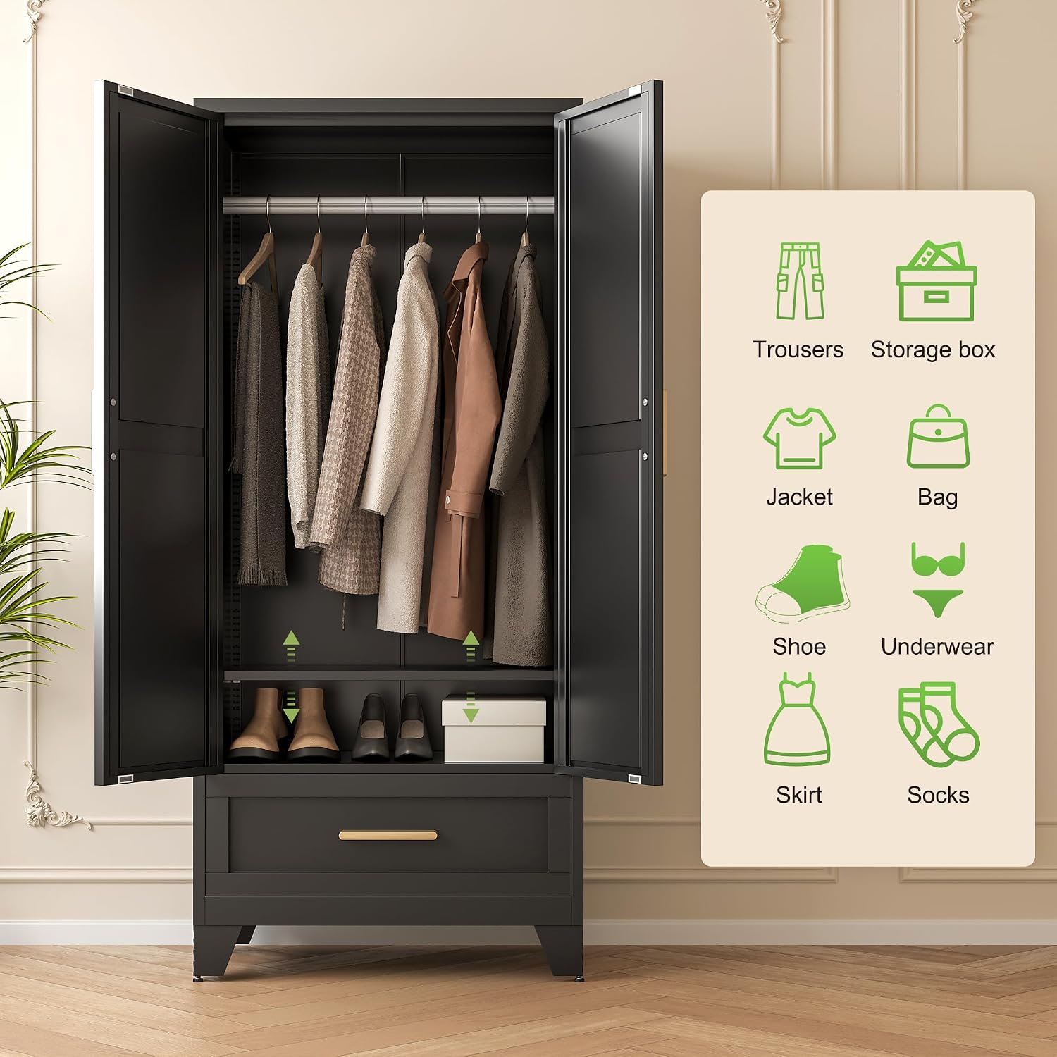 Washsemba 71'' Farmhouse Metal Wardrobe Cabinet with Hanging Rod, 2 Barn Door Wardrobe Closet with Adjustable Shelves,Drawer,for Dining Room,Bedroom,Living Room, Cloak Room,Office (Black)