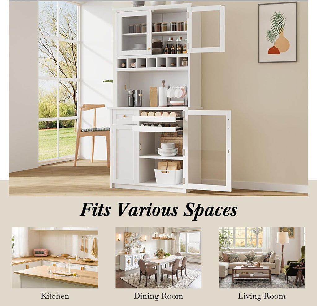 Modern 74.8 inch Tall Kitchen Pantry, Freestanding Buffet with Hutch, Kitchen Pantry Storage Cabinet with Wine Rack and Adjustable Shelves for Dining Room (White//1)