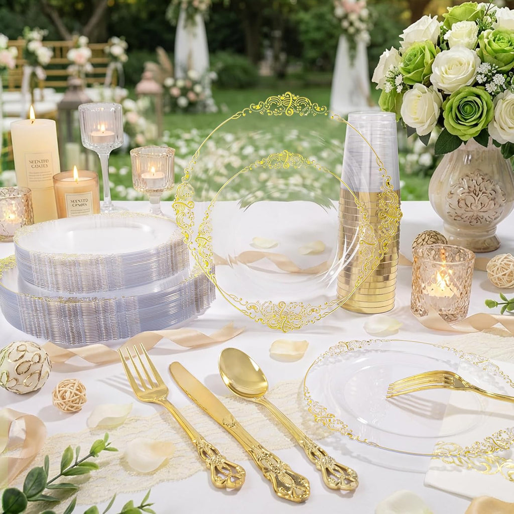 YOUBET 700PCS Clear Gold Plastic Plates - Elegant Gold Plastic Dinnerware Set Include 200 Disposable Plates, 300 Heavy Duty Silverware, 100 Cups, 100 Napkins for Wedding Party