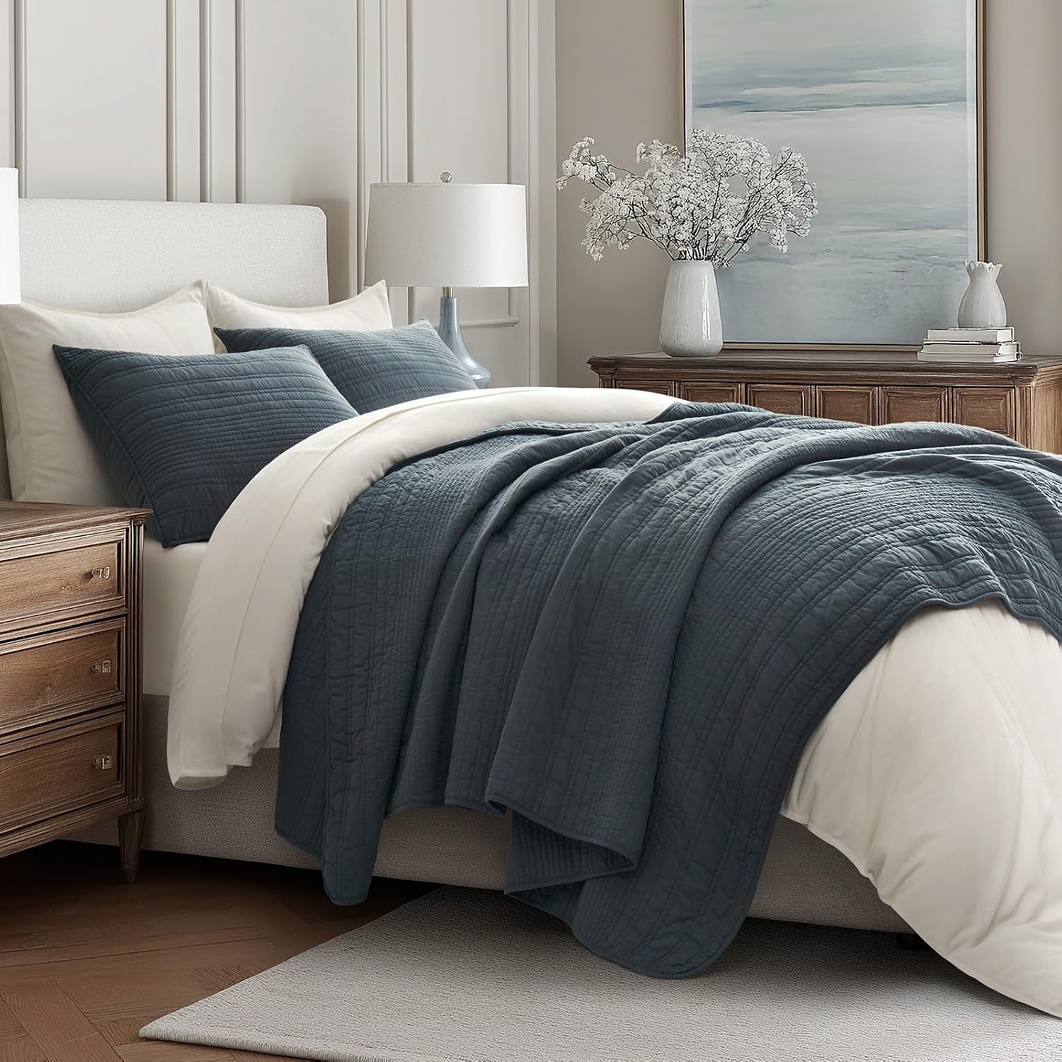 EVERGRACEHOME 100% Cotton Modern Lines Quilt Set Oversized King, Pre-Washed Soft Striped Coverlet Bedspread, 3 Piece Lightweight Bedding Set for All Season, with 2 Pillow Shams, Midnight Blue