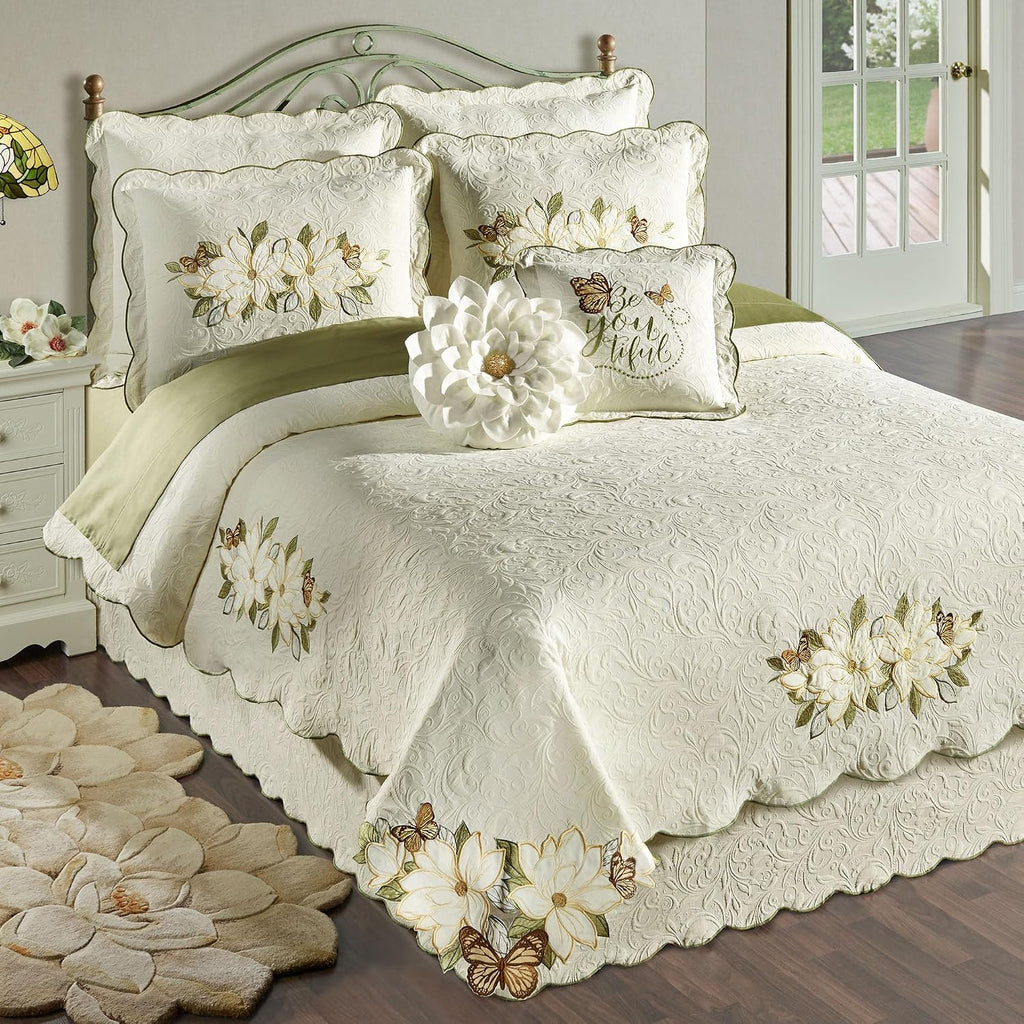 Sweetbay Garden Luxury Matelasse Bedding | Magnolia, Butterfly, & Leaf Velvet Appliques | 4-Pc Ivory Textured Scroll Lightweight Bed Set: Queen Coverlet, Bedskirt, 2 Standard Shams, & 2 Accent Pillows
